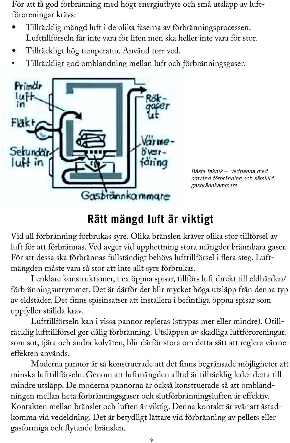 Bästa teknik vedpanna med omvänd förbränning och särskild gasbrännkammare. Rätt mängd luft är viktigt Vid all förbränning förbrukas syre.