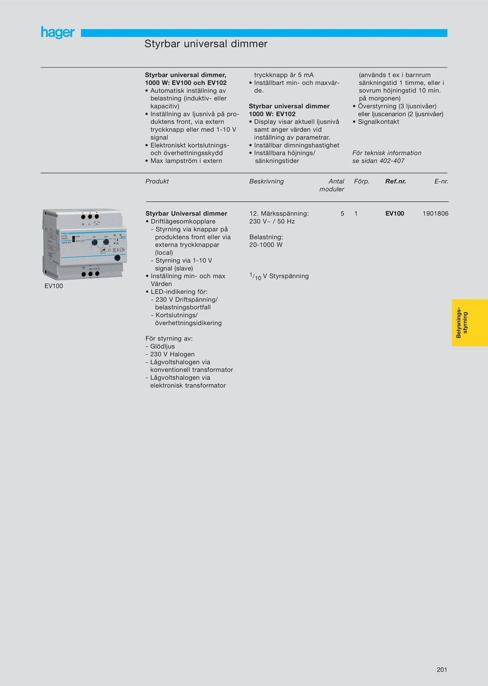 Styrbar universal dimmer 000 W: EV02 Display visar aktuell ljusnivå samt anger värden vid inställning av parametrar.