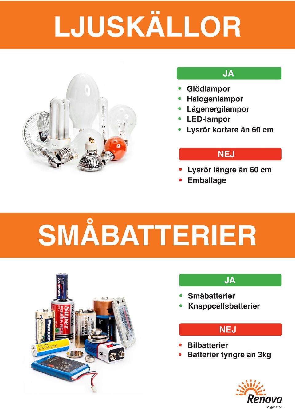 Lysrör längre än 60 cm Emballage SMÅBATTERIER