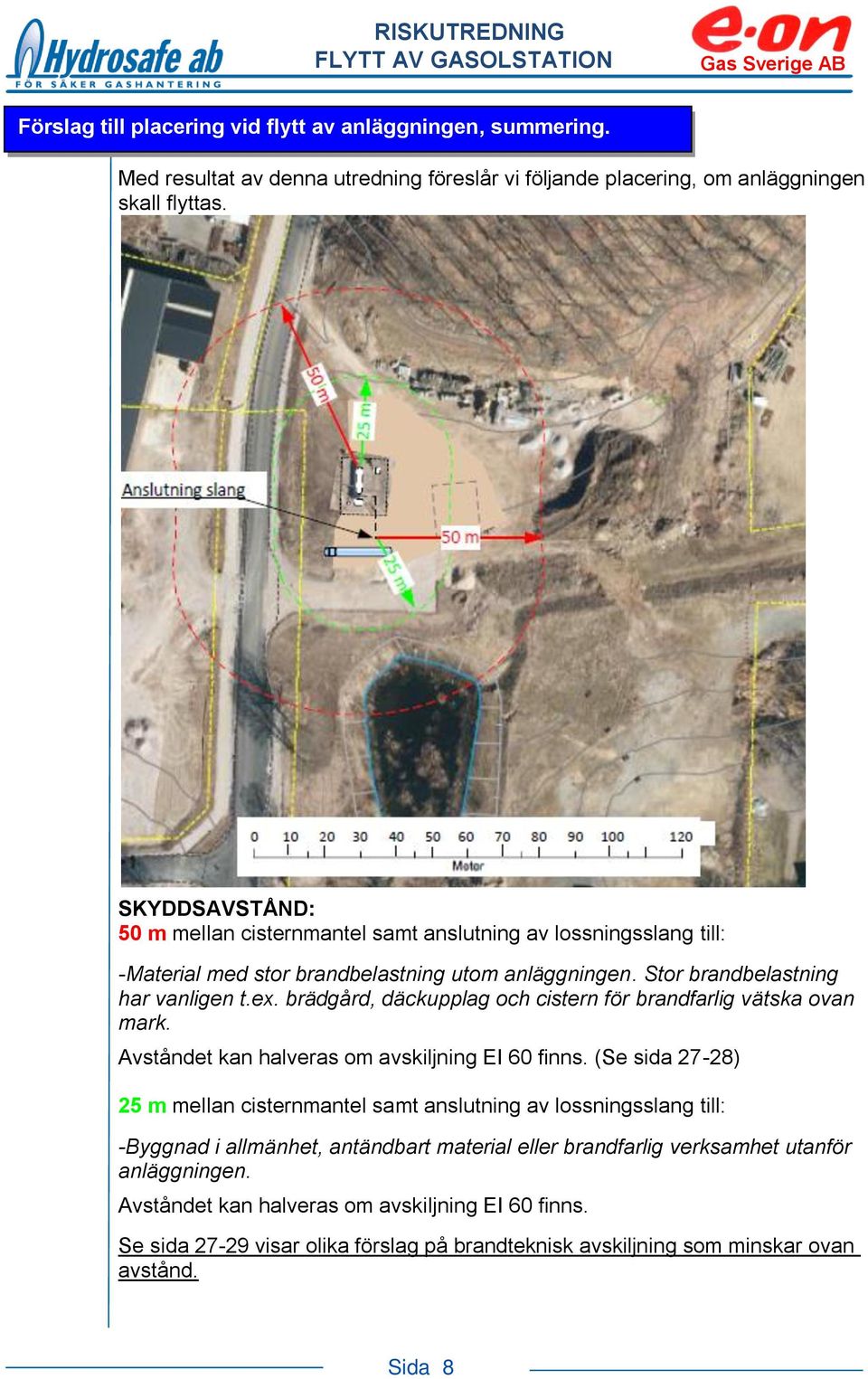 brädgård, däckupplag och cistern för brandfarlig vätska ovan mark. Avståndet kan halveras om avskiljning EI 60 finns.