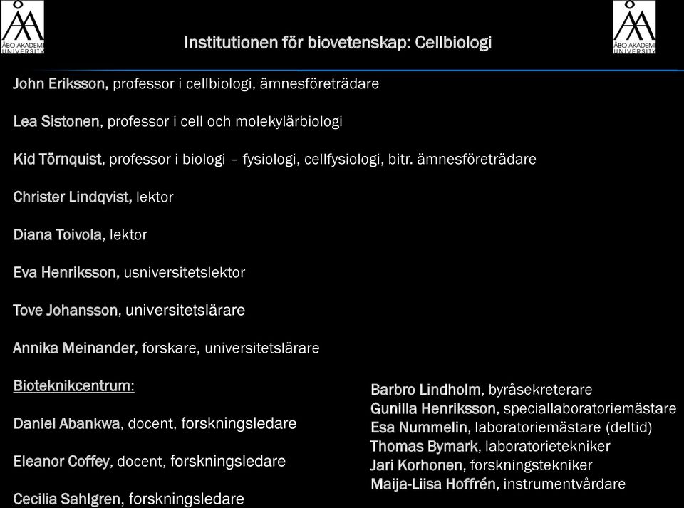 ämnesföreträdare Christer Lindqvist, lektor Diana Toivola, lektor Eva Henriksson, usniversitetslektor Tove Johansson, universitetslärare Annika Meinander, forskare, universitetslärare