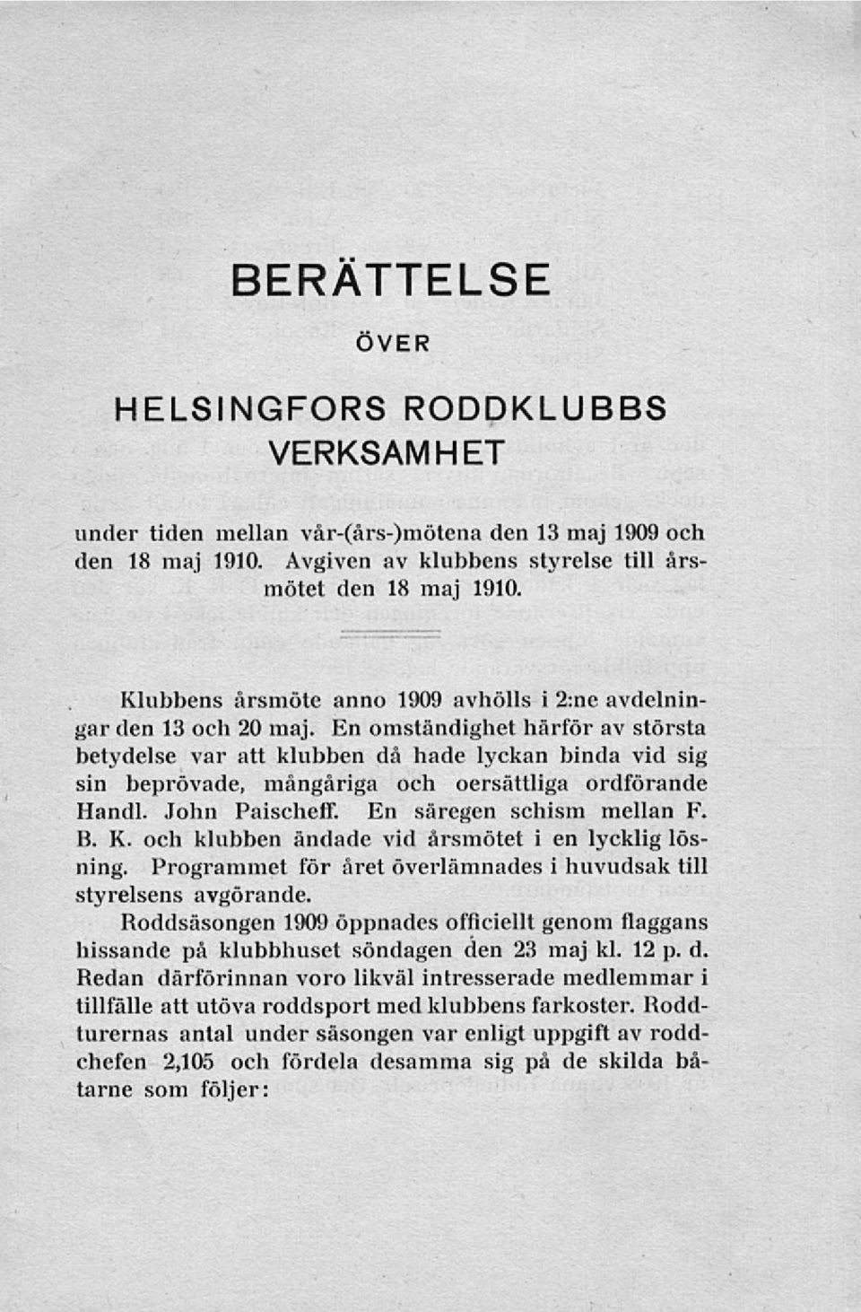 Handl John Paischeff En säregen schism mellan F B K och klubben ändade vid årsmötet i en lycklig lösning Programmet för året överlämnades i huvudsak till styrelsens avgörande Roddsäsongen 1909