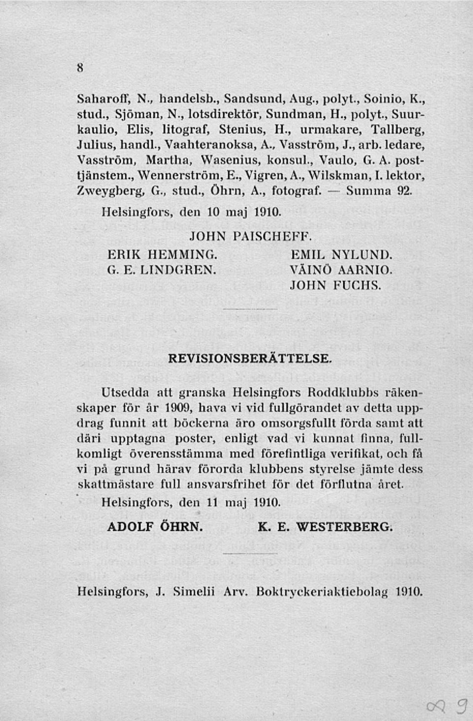 Helsingfors, den 10 maj 1910 ERIK HEMMING G E LINDGREN JOHN PAISCHEFF EMIL NYLUND VÄINÖ AARNIO JOHN FUCHS REVISIONSBERÄTTELSE Utsedda att granska Helsingfors Roddklubbs räkenskaper för år 1909, hava