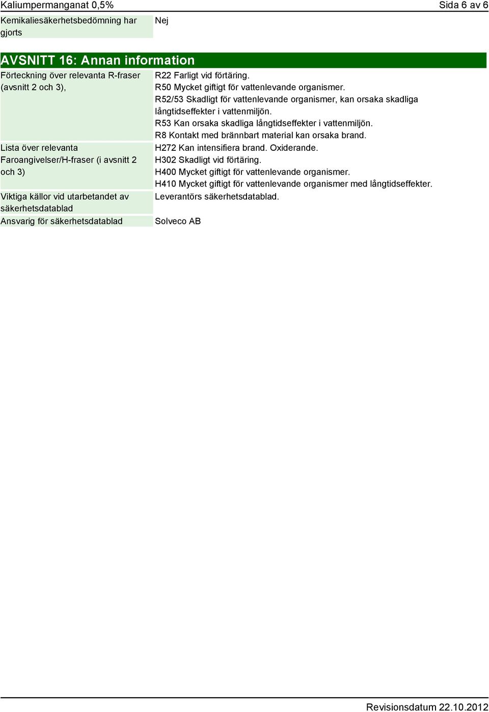 R50 Mycket giftigt för vattenlevande organismer. R52/53 Skadligt för vattenlevande organismer, kan orsaka skadliga långtidseffekter i vattenmiljön.