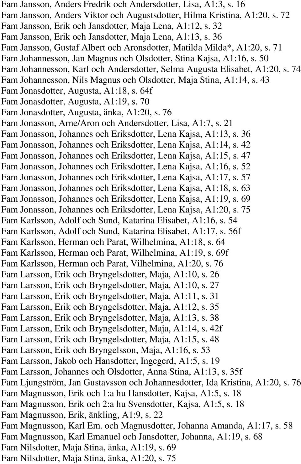 50 Fam Johannesson, Karl och Andersdotter, Selma Augusta Elisabet, A1:20, s. 74 Fam Johannesson, Nils Magnus och Olsdotter, Maja Stina, A1:14, s. 43 Fam Jonasdotter, Augusta, A1:18, s.
