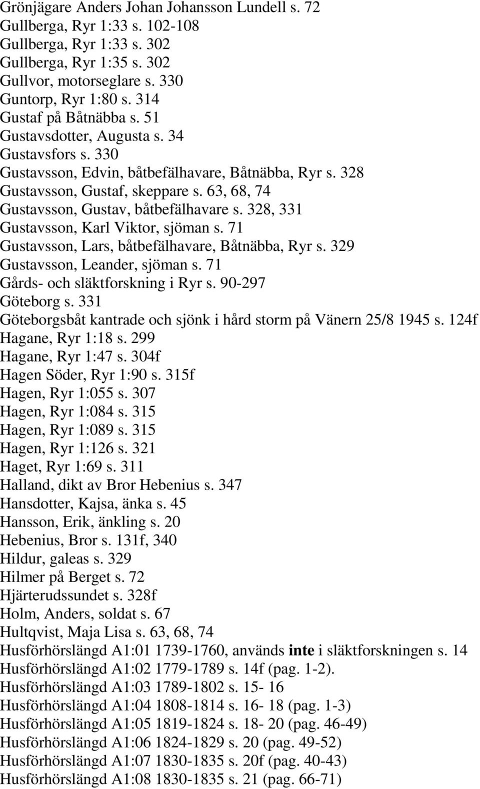 63, 68, 74 Gustavsson, Gustav, båtbefälhavare s. 328, 331 Gustavsson, Karl Viktor, sjöman s. 71 Gustavsson, Lars, båtbefälhavare, Båtnäbba, Ryr s. 329 Gustavsson, Leander, sjöman s.
