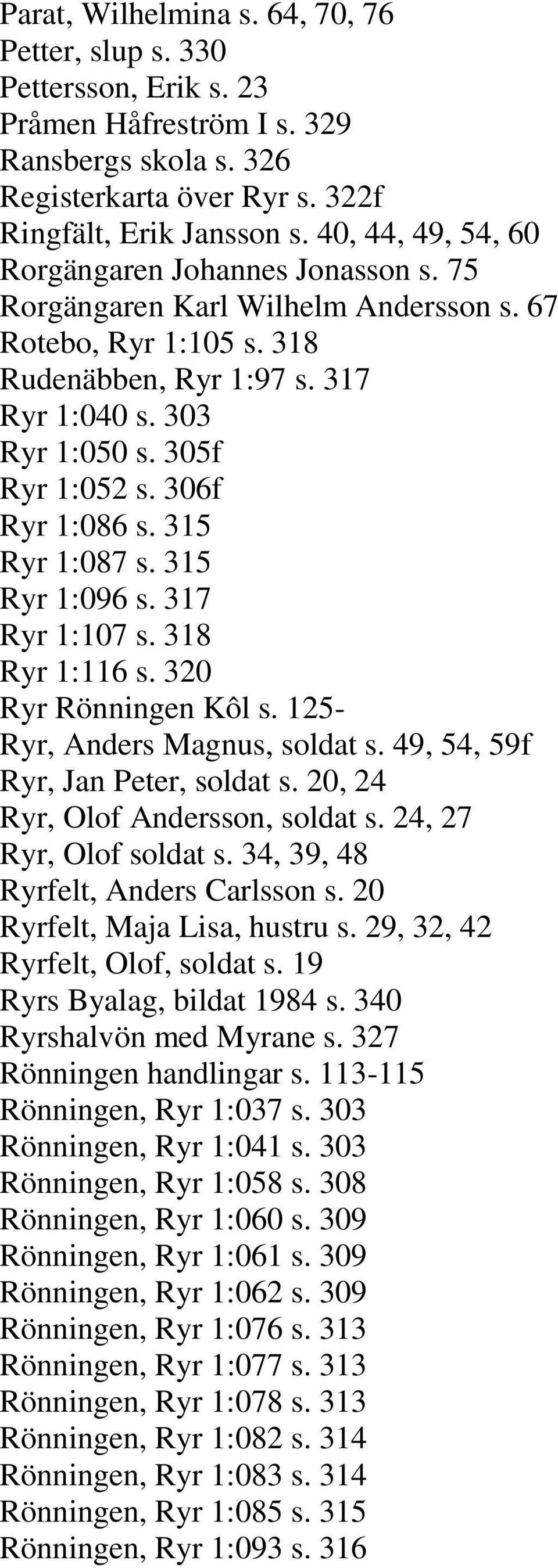 306f Ryr 1:086 s. 315 Ryr 1:087 s. 315 Ryr 1:096 s. 317 Ryr 1:107 s. 318 Ryr 1:116 s. 320 Ryr Rönningen Kôl s. 125- Ryr, Anders Magnus, soldat s. 49, 54, 59f Ryr, Jan Peter, soldat s.