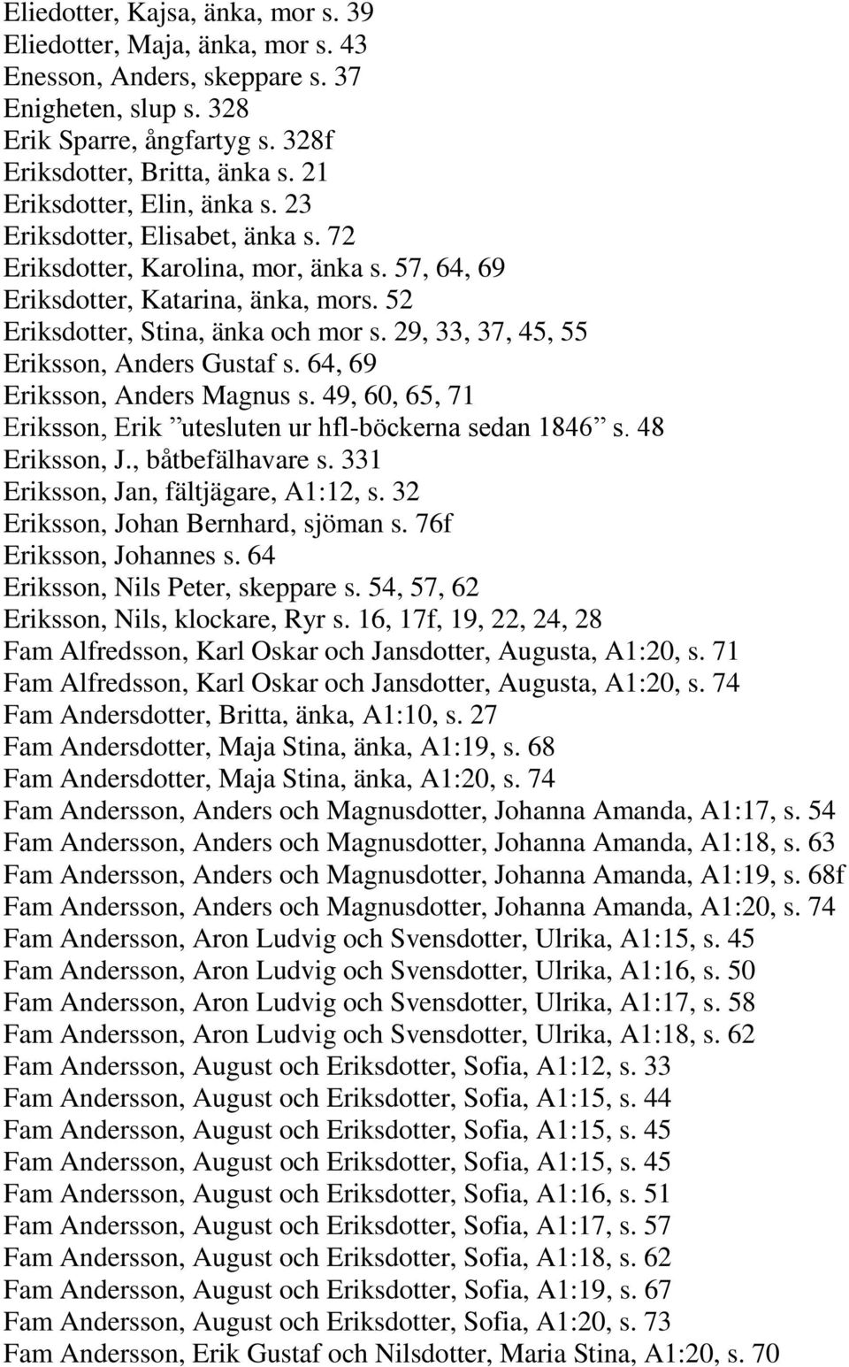 29, 33, 37, 45, 55 Eriksson, Anders Gustaf s. 64, 69 Eriksson, Anders Magnus s. 49, 60, 65, 71 Eriksson, Erik utesluten ur hfl-böckerna sedan 1846 s. 48 Eriksson, J., båtbefälhavare s.