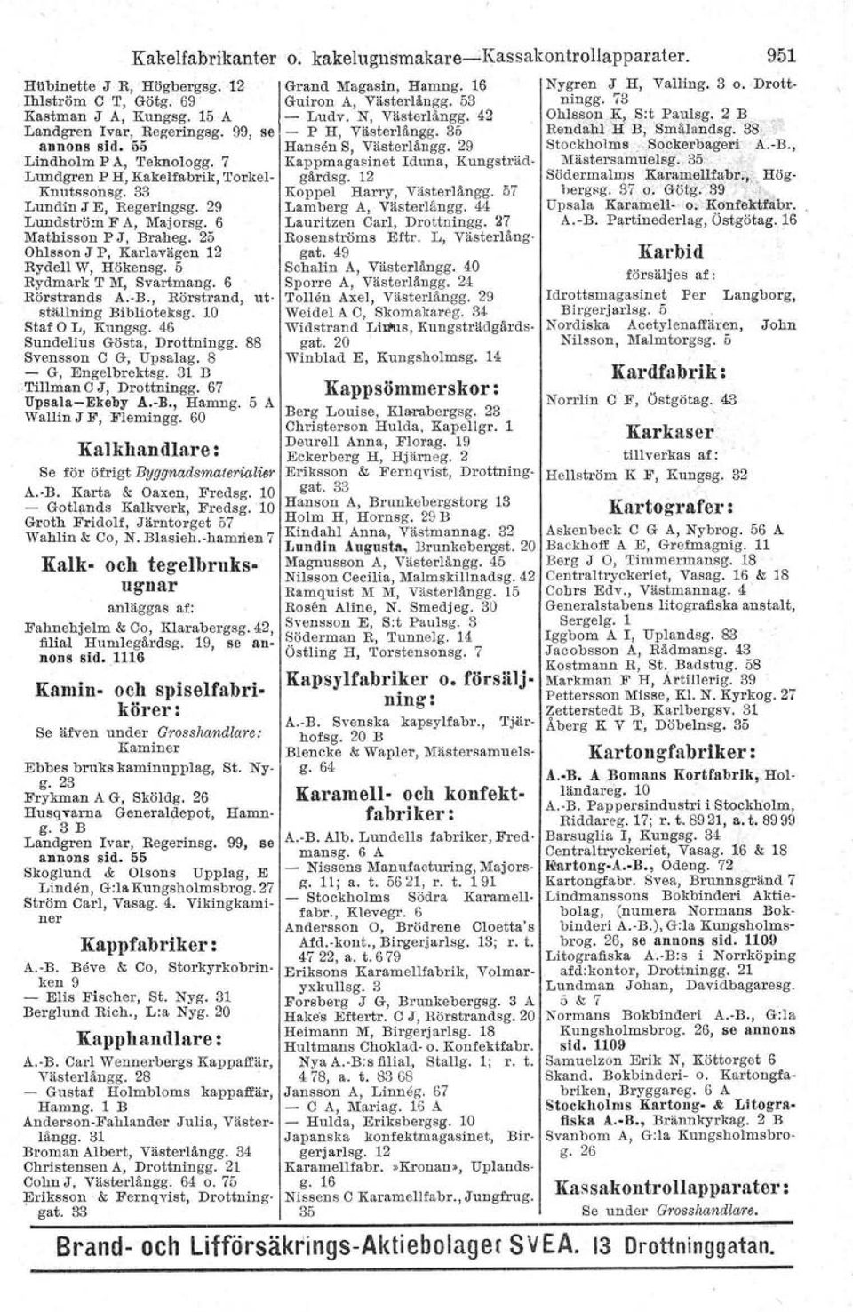 5 Rydmark T M, Svartmang. 6 Rörstrands A.-B., Rörstrand, ut ställning Biblloteksg. 10 Staf O L, Kungsg. 46 Sundellus Gösta, Drottningg. 88 Svensson C G, Upsalag. 8 - G, Engelbrektsg.