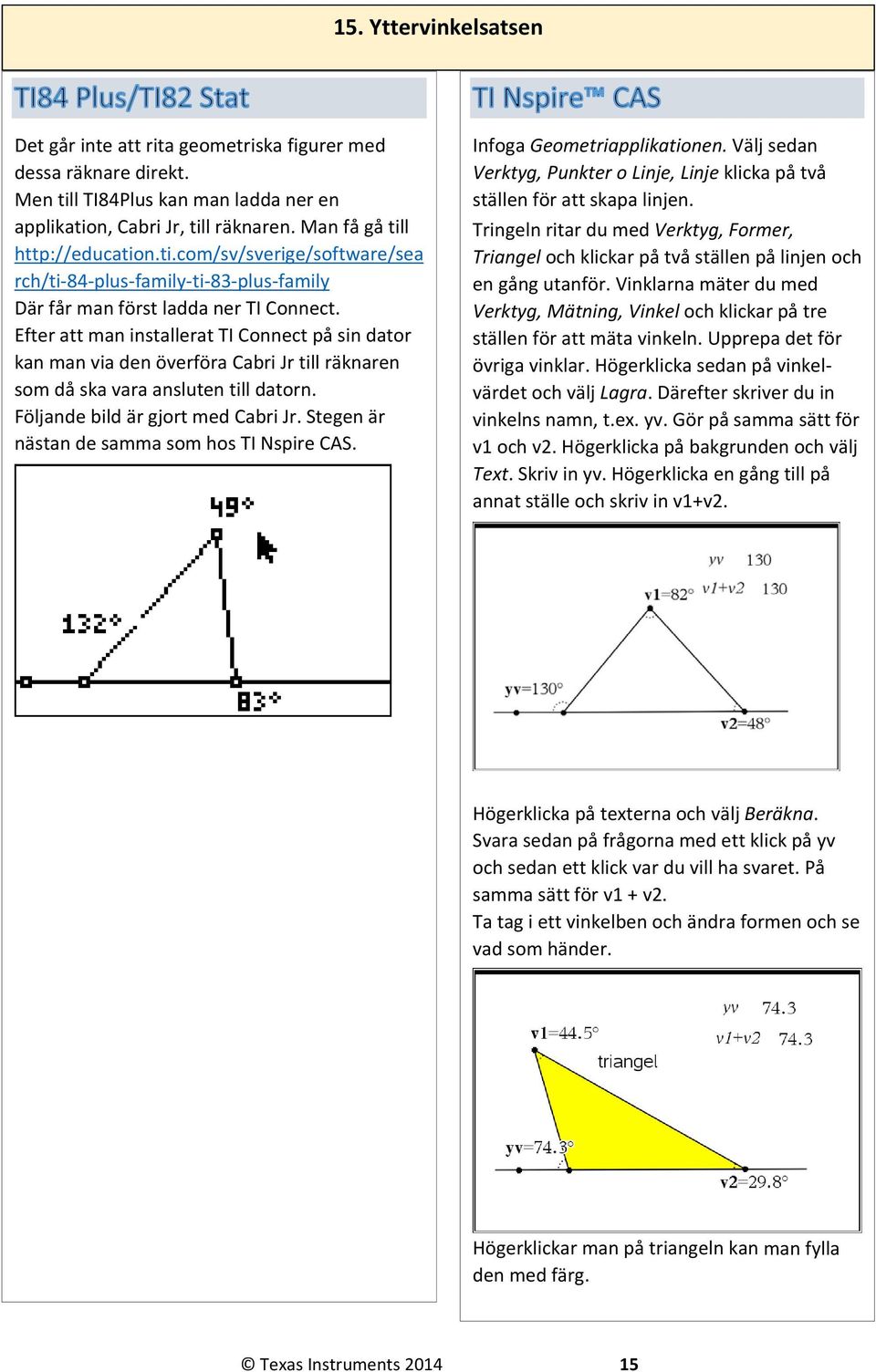 Efter att man installerat TI Connect på sin dator kan man via den överföra Cabri Jr till räknaren som då ska vara ansluten till datorn. Följande bild är gjort med Cabri Jr.