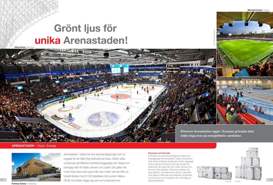 ARENASTADEN Växjö, Sverige Flexomix och Envistar Arenastaden i Växjö har fyra idrottsanläggningar som är IV Produkt har levererat samtliga 25 luftbehandlingsaggregat till Arenastaden i Växjö.
