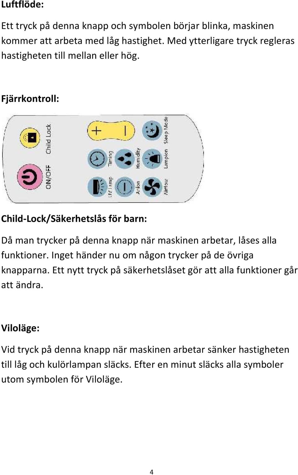 Fjärrkontroll: Child-Lock/Säkerhetslås för barn: Då man trycker på denna knapp när maskinen arbetar, låses alla funktioner.