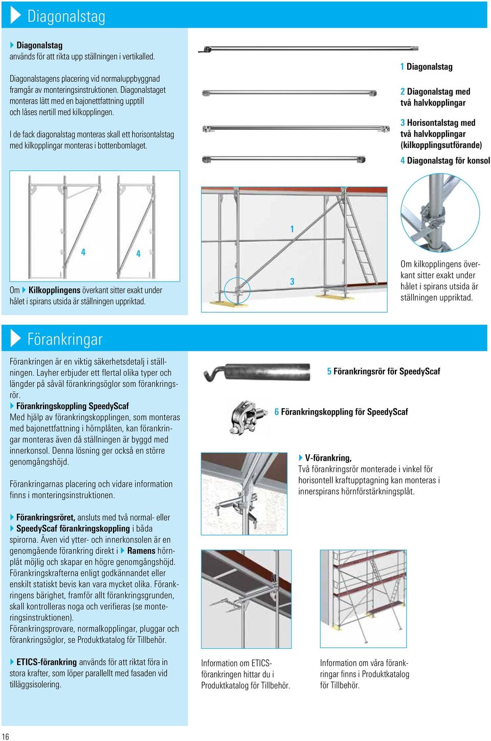 1 Diagonalstag 2 Diagonalstag med två halvkopplingar Horisontalstag med två halvkopplingar (kilkopplingsutförande) 4 Diagonalstag för konsol 1 4 4 Om } Kilkopplingens överkant sitter exakt under