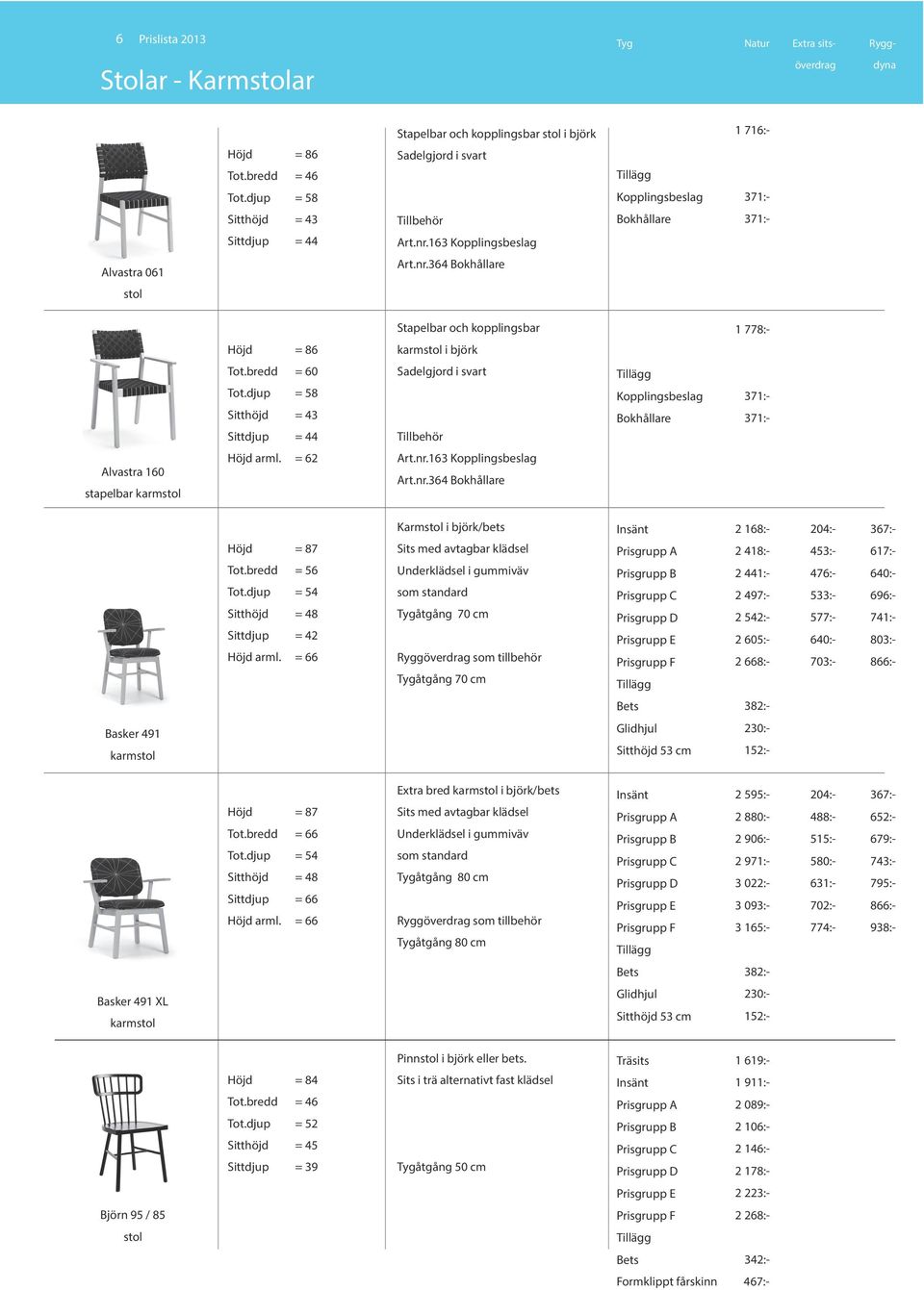 163 Kopplingsbeslag Art.nr.364 Bokhållare 1 716:- Kopplingsbeslag 371:- Bokhållare 371:- Alvastra 160 stapelbar karmstol Basker 491 karmstol Höjd = 86 Tot.bredd = 60 Tot.