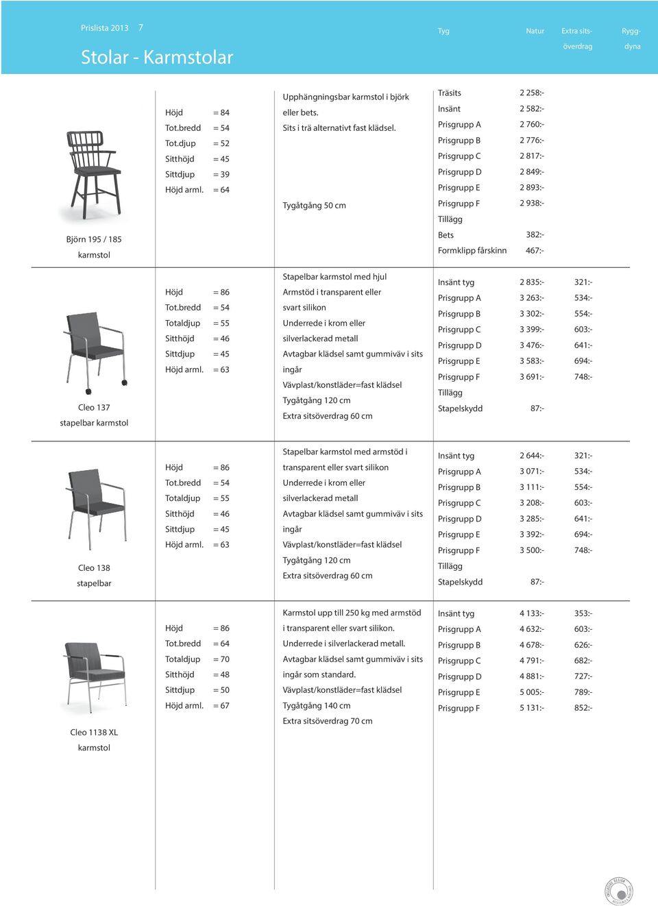 Tygåtgång 50 cm Träsits 2 258:- Insänt 2 582:- Prisgrupp A 2 760:- Prisgrupp B 2 776:- Prisgrupp C 2 817:- Prisgrupp D 2 849:- Prisgrupp E 2 893:- Prisgrupp F 2 938:- Björn 195 / 185 karmstol