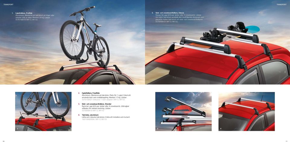 Vid böjda takräcken används den medföljande distansen som placeras mellan takräcket och skid- och snowboardhållaren. 55700SBA20 (MY12, MY15) 2. Cykelhållare, FreeRide Aluminium. Monteras på takräcke.