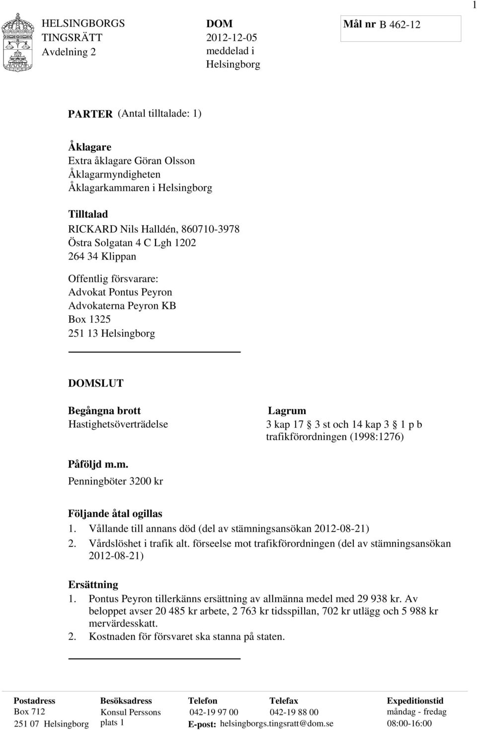 14 kap 3 1 p b trafikförordningen (1998:1276) Påföljd m.m. Penningböter 3200 kr Följande åtal ogillas 1. Vållande till annans död (del av stämningsansökan 2012-08-21) 2. Vårdslöshet i trafik alt.