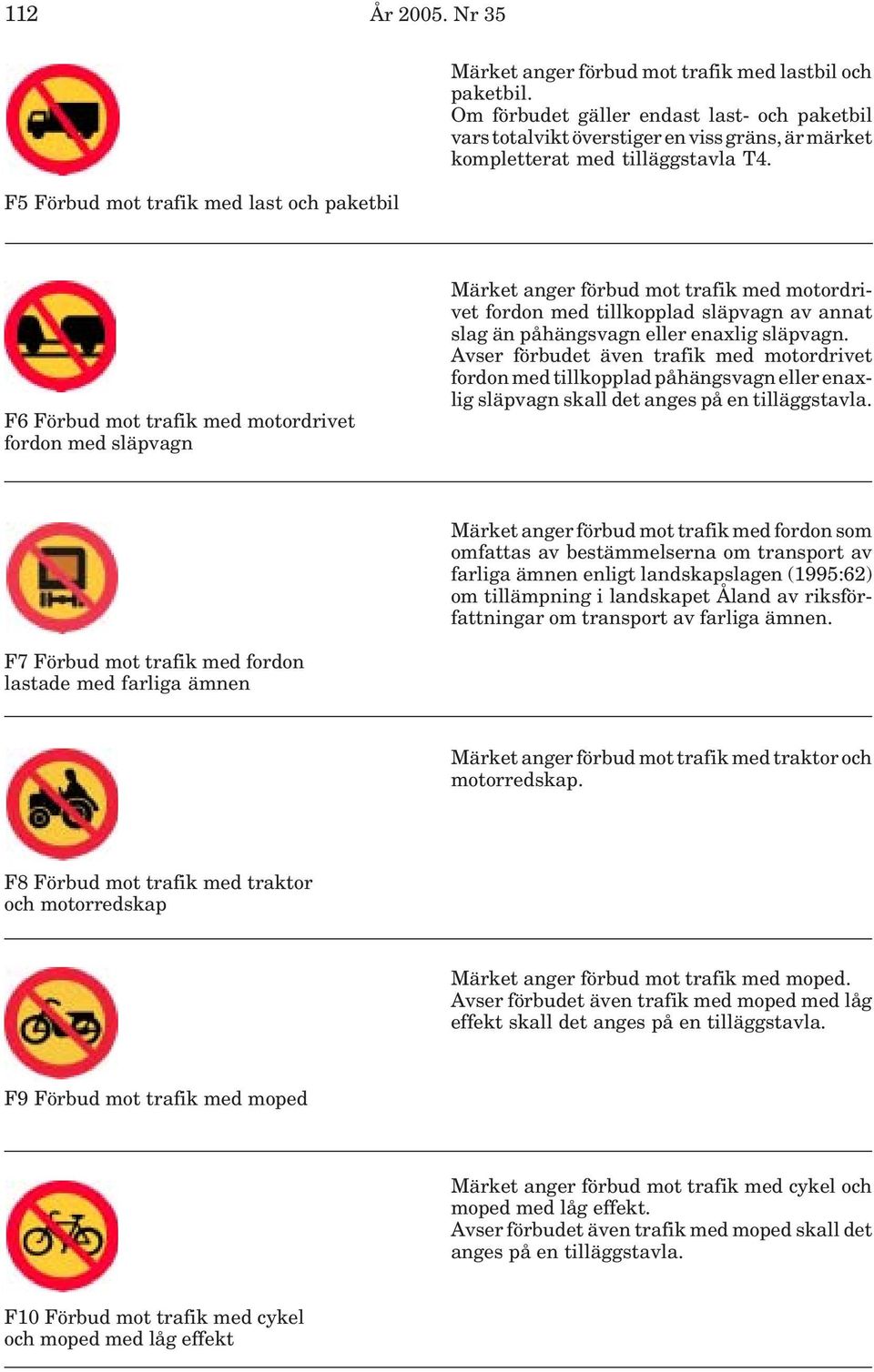 F5 Förbud mot trafik med last och paketbil F6 Förbud mot trafik med motordrivet fordon med släpvagn Märket anger förbud mot trafik med motordrivet fordon med tillkopplad släpvagn av annat slag än