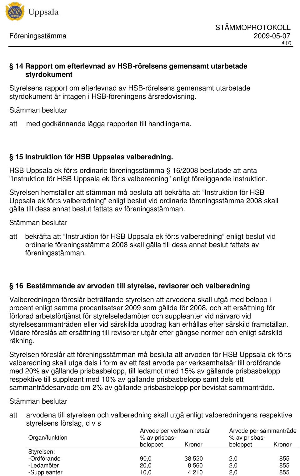 HSB Uppsala ek för:s ordinarie föreningsstämma 16/2008 beslutade anta Instruktion för HSB Uppsala ek för:s valberedning enligt föreliggande instruktion.