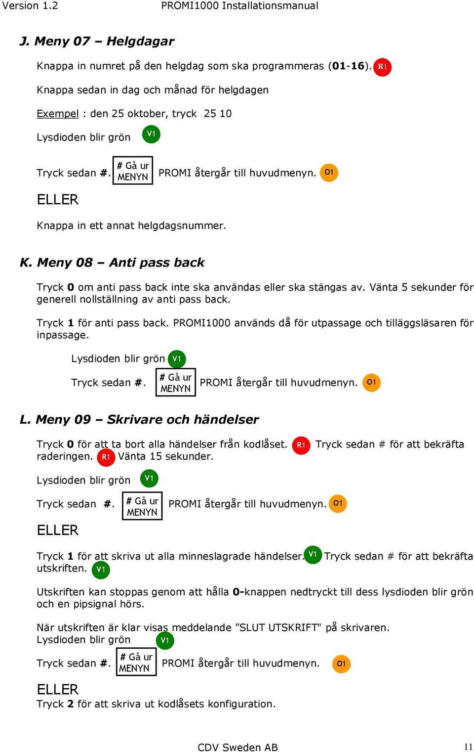 Vänta 5 sekunder för generell nollställning av anti pass back. Tryck 1 för anti pass back. PROMI1000 används då för utpassage och tilläggsläsaren för inpassage. Lysdioden blir grön L.