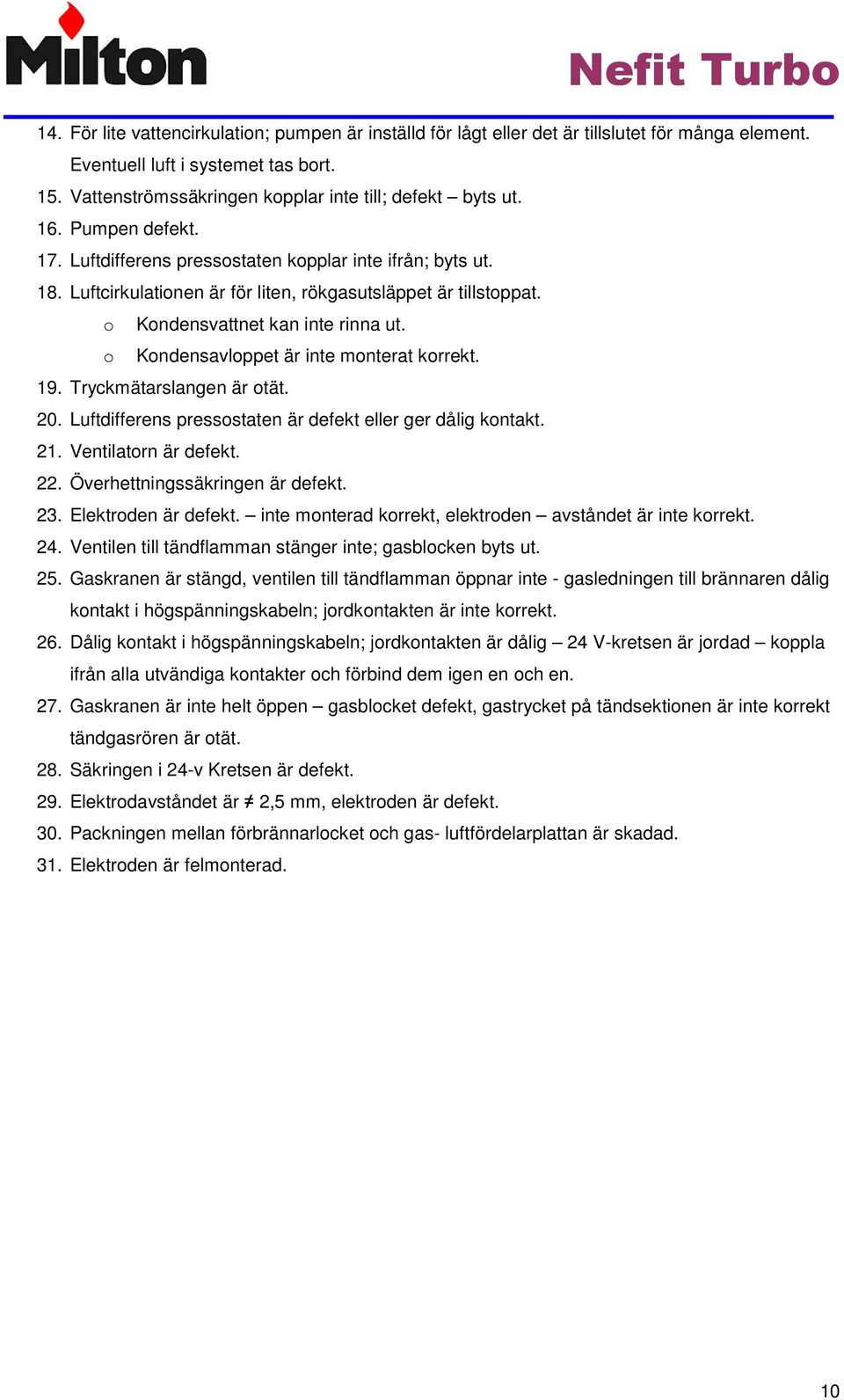 o Kondensavloppet är inte monterat korrekt. 19. Tryckmätarslangen är otät. 20. Luftdifferens pressostaten är defekt eller ger dålig kontakt. 21. Ventilatorn är defekt. 22.