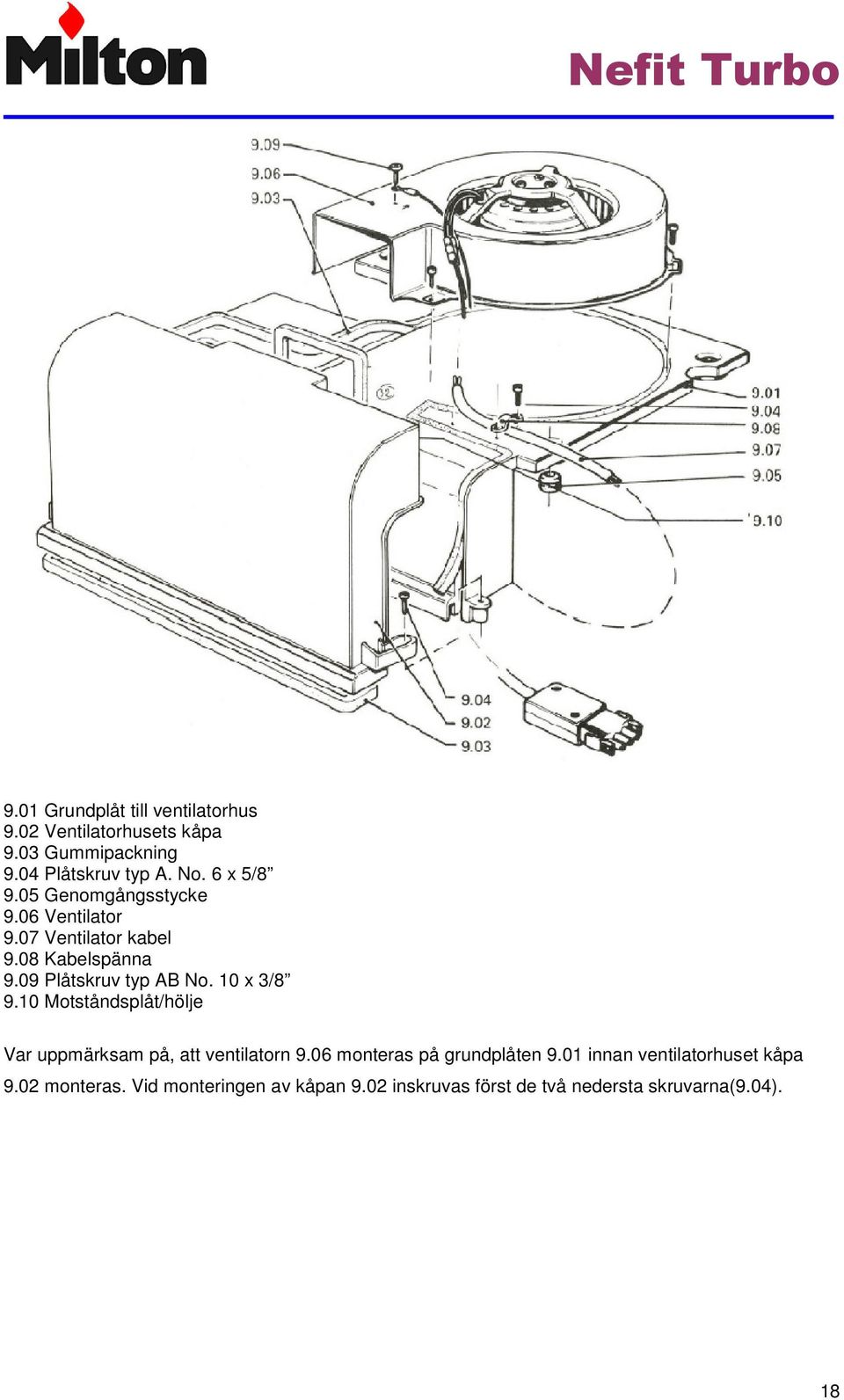 10 x 3/8 9.10 Motståndsplåt/hölje Var uppmärksam på, att ventilatorn 9.06 monteras på grundplåten 9.