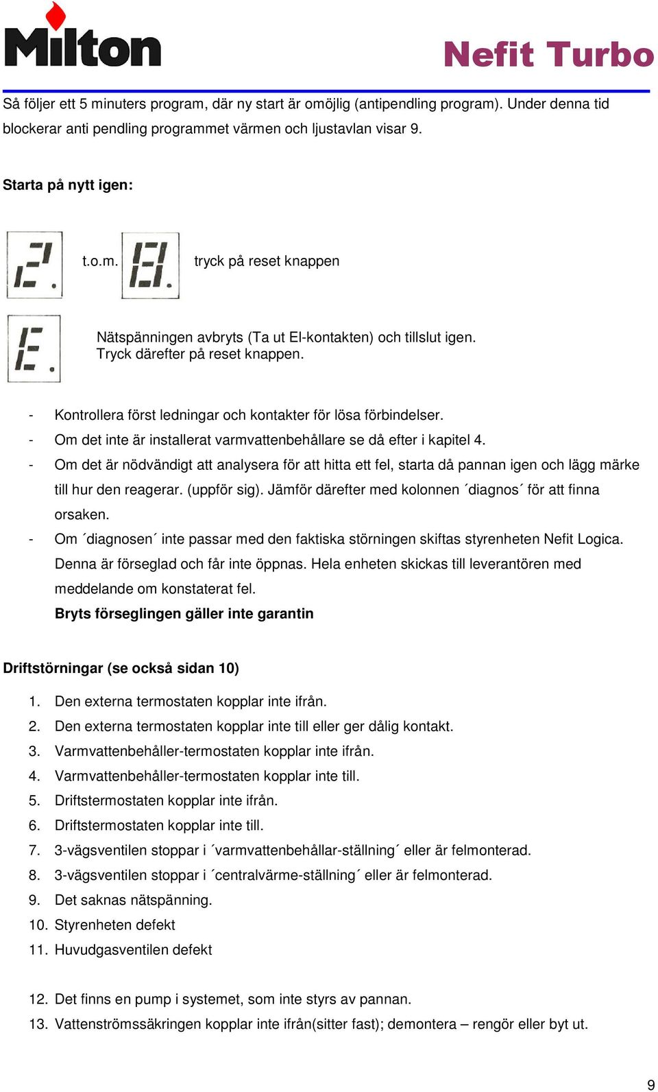 - Om det är nödvändigt att analysera för att hitta ett fel, starta då pannan igen och lägg märke till hur den reagerar. (uppför sig). Jämför därefter med kolonnen diagnos för att finna orsaken.