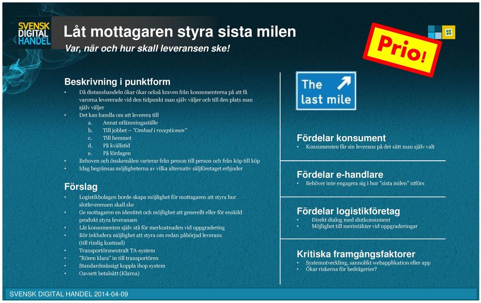 om att leverera till Annat utlämningsställe Till jobbet Ombud i receptionen c. Till hemmet d. På kvällstid e.