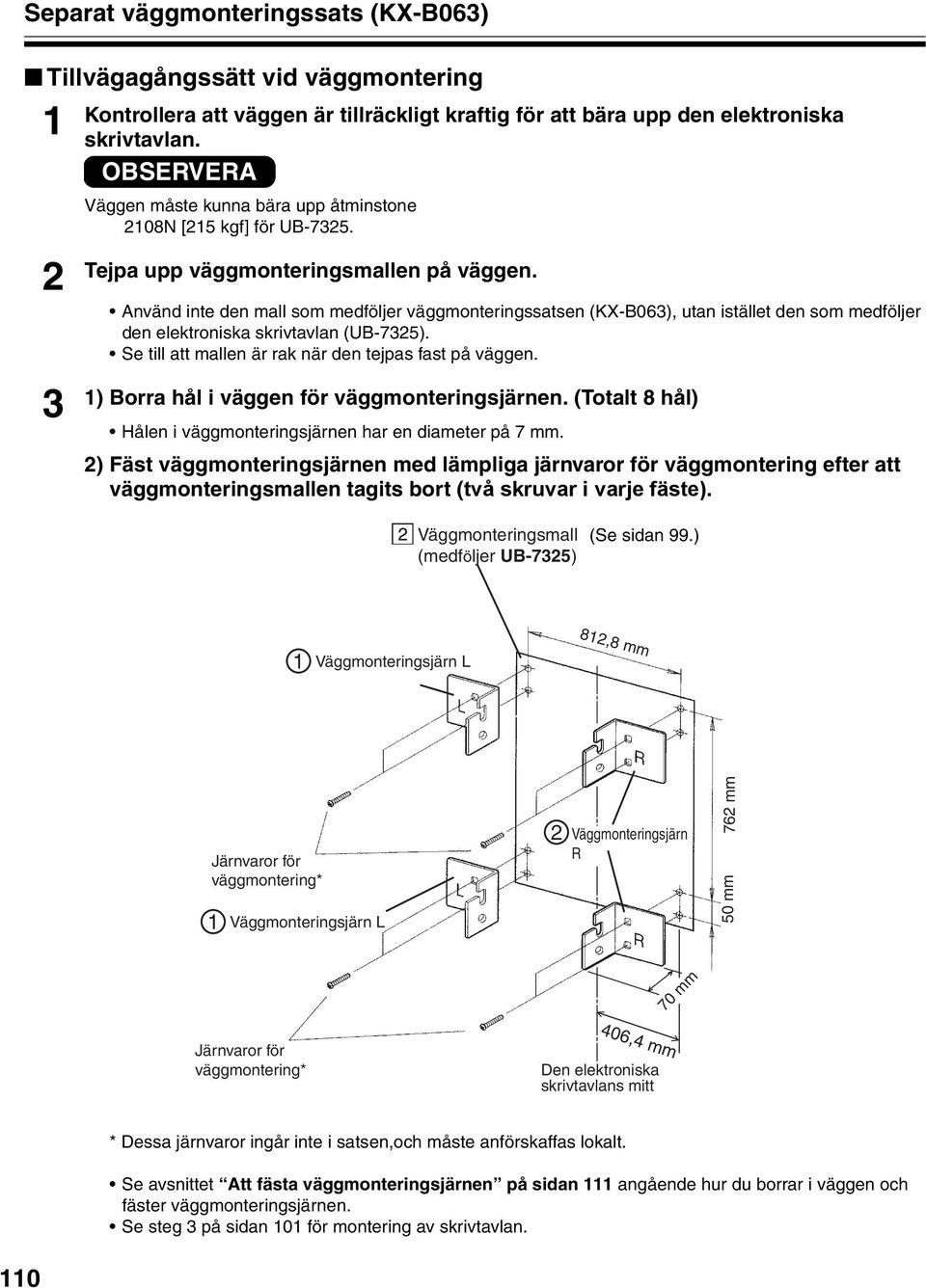 Använd inte den mall som medföljer väggmonteringssatsen (KX-B063), utan istället den som medföljer den elektroniska skrivtavlan (UB-735). Se till att mallen är rak när den tejpas fast på väggen.