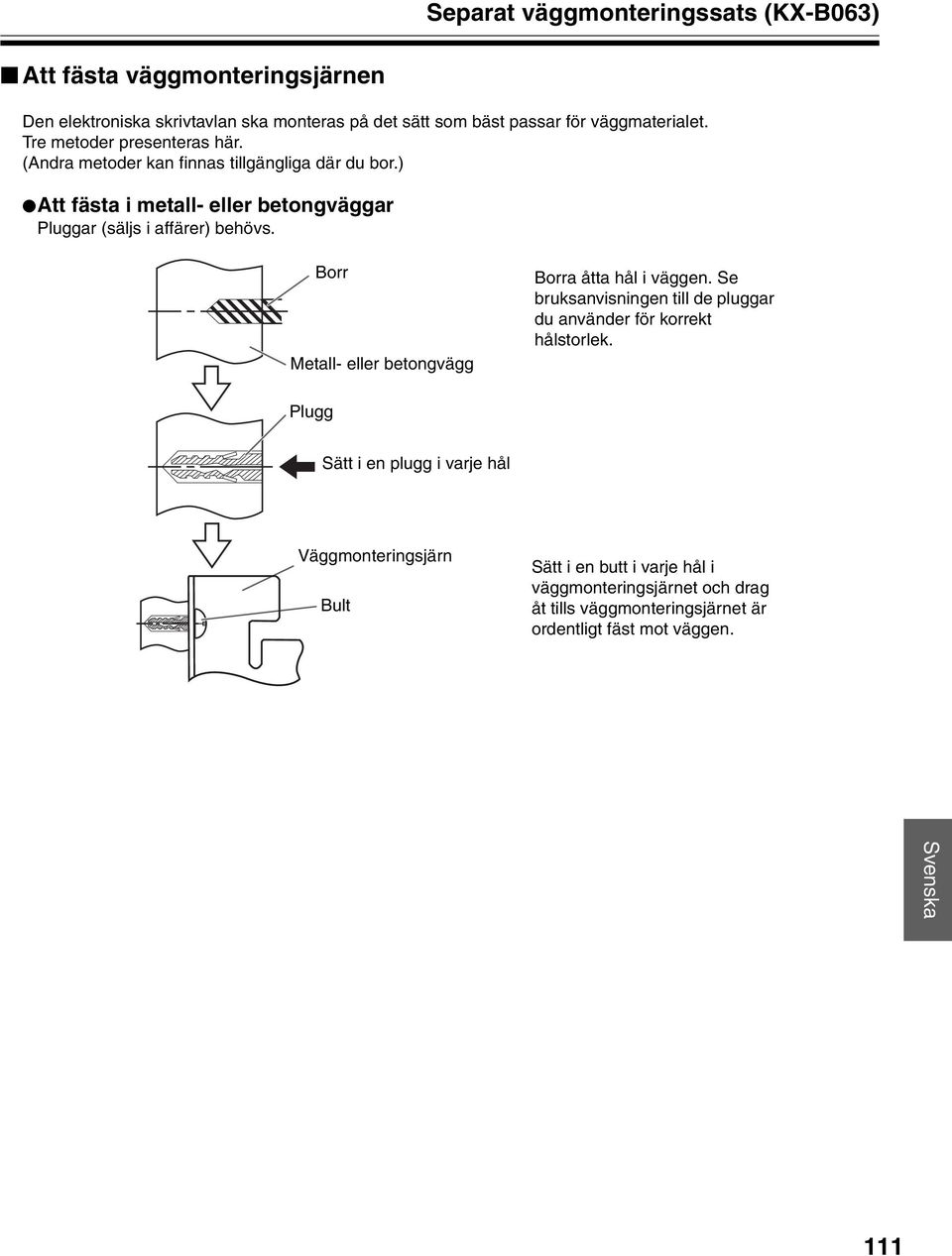 ) Att fästa i metall- eller betongväggar Pluggar (säljs i affärer) behövs. Borr Metall- eller betongvägg Borra åtta hål i väggen.