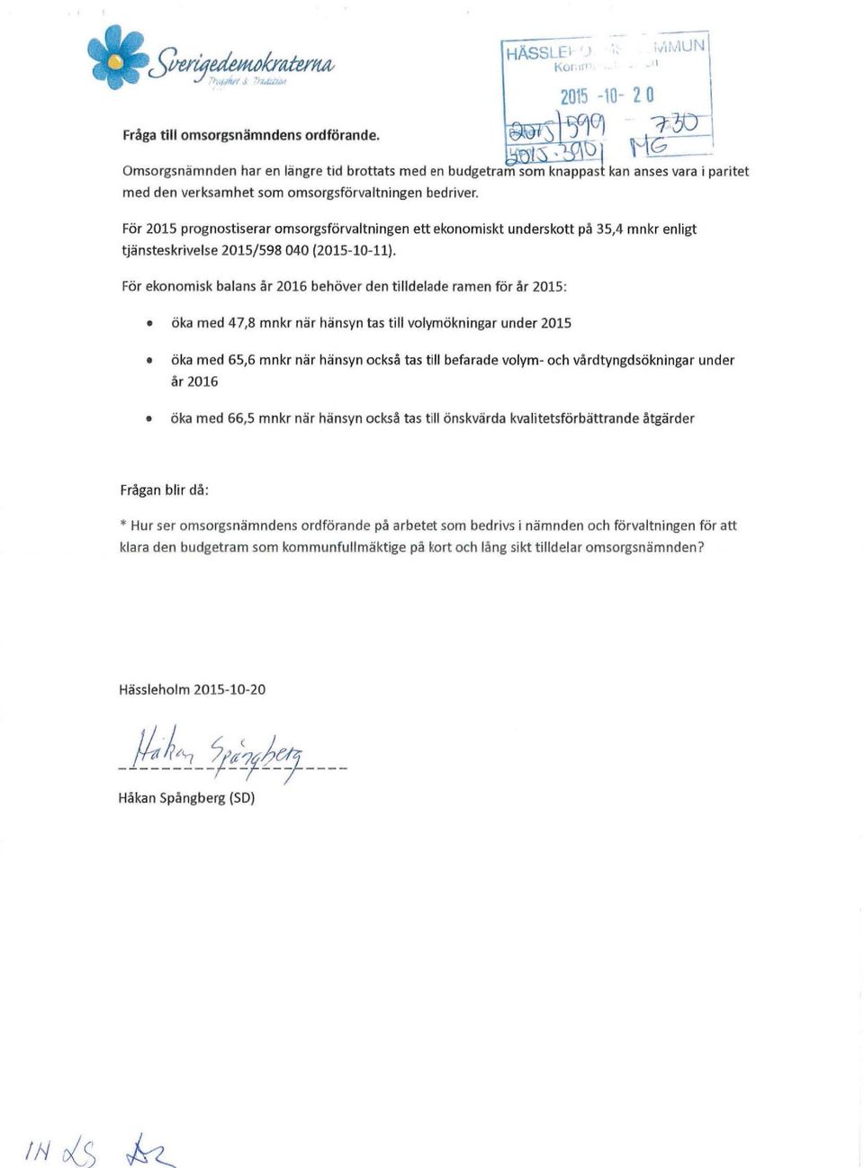 För 2015 prognostisera r omsorgsförvaltningen ett ekonomiskt underskott på 35,4 m n kr enligt tjänsteskrivelse 2015/598 040 (2015-10-11).