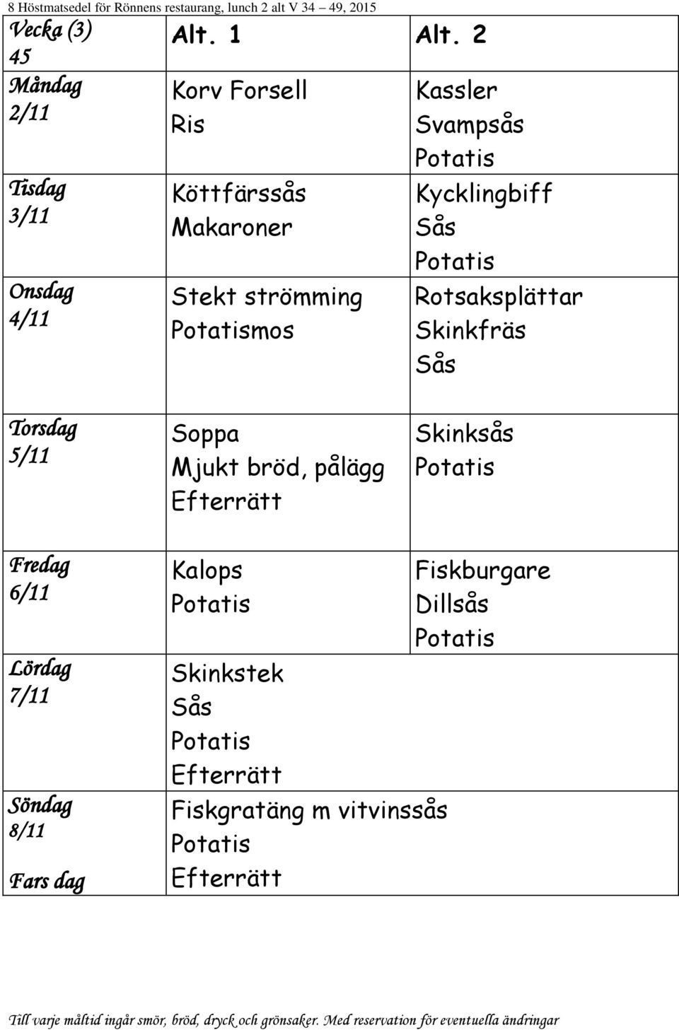 Rotsaksplättar Skinkfräs 5/11 Skinksås 6/11 7/11 8/11 Fars