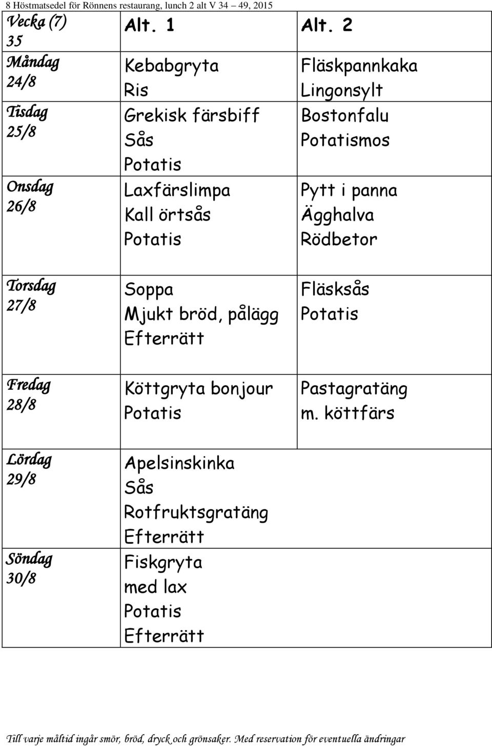 Pytt i panna Ägghalva Rödbetor 27/8 28/8 29/8 30/8 Köttgryta