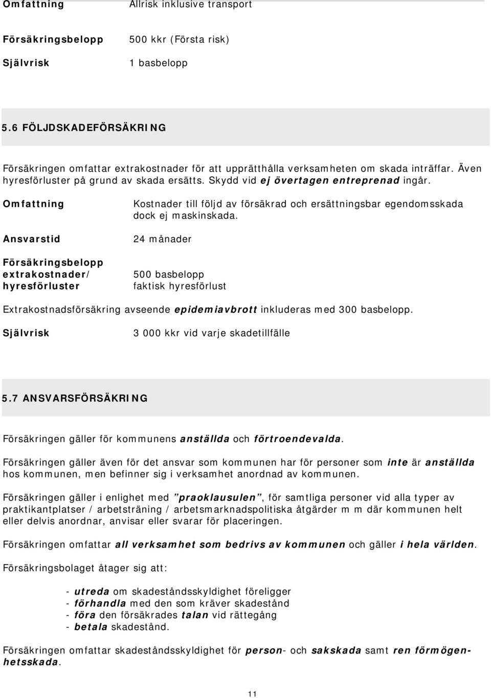 Skydd vid ej övertagen entreprenad ingår. Omfattning Ansvarstid Försäkringsbelopp extrakostnader/ hyresförluster Kostnader till följd av försäkrad och ersättningsbar egendomsskada dock ej maskinskada.