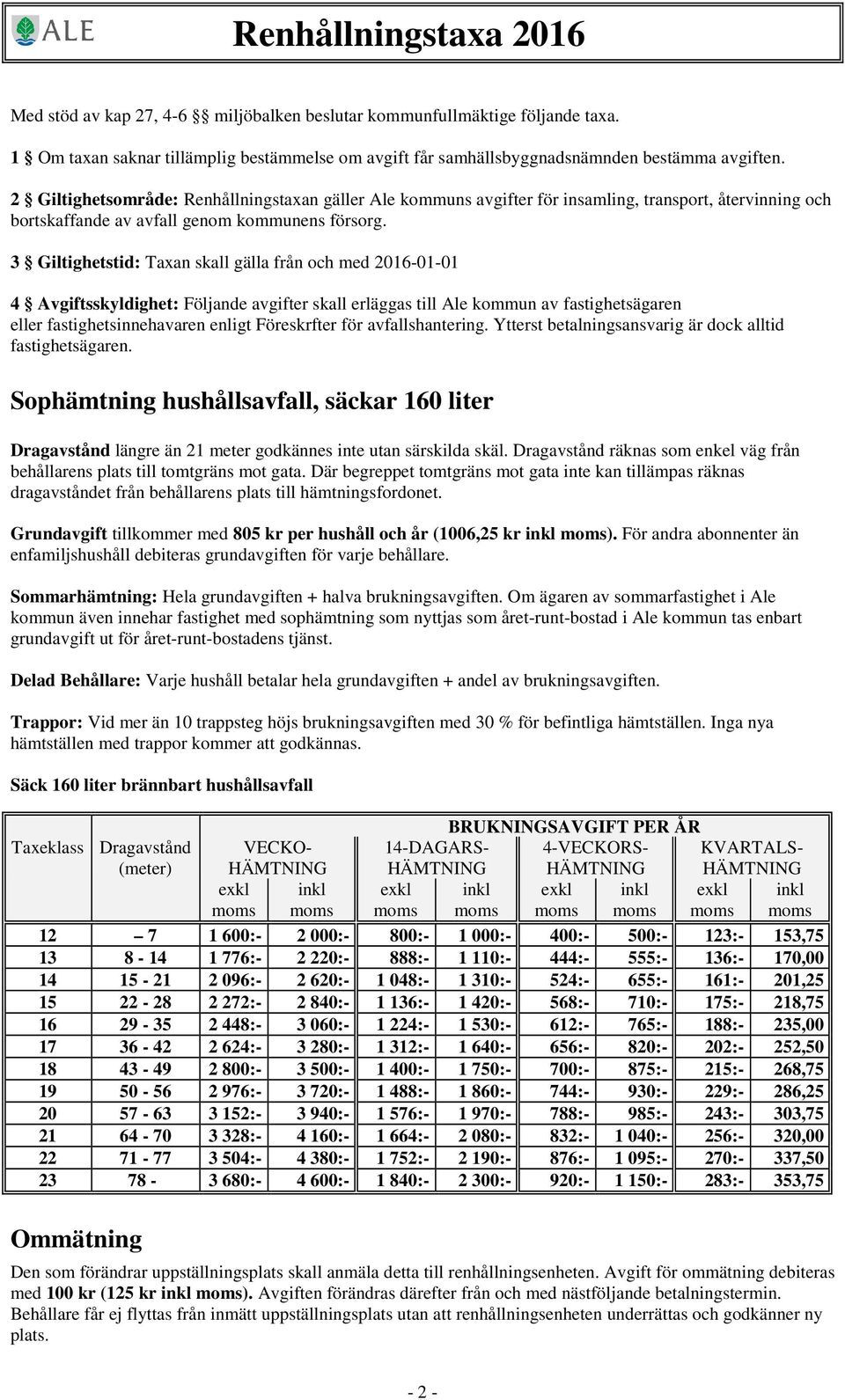 3 Giltighetstid: Taxan skall gälla från och med 2016-01-01 4 Avgiftsskyldighet: Följande avgifter skall erläggas till Ale kommun av fastighetsägaren eller fastighetsinnehavaren enligt Föreskrfter för