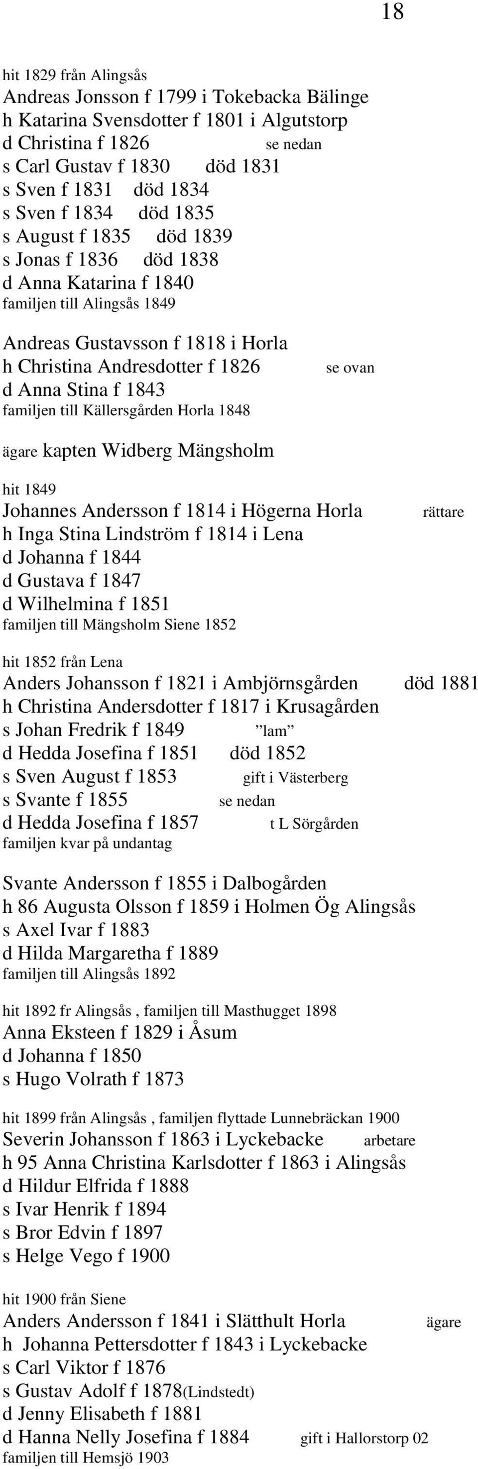 1843 familjen till Källersgården Horla 1848 se ovan ägare kapten Widberg Mängsholm hit 1849 Johannes Andersson f 1814 i Högerna Horla h Inga Stina Lindström f 1814 i Lena d Johanna f 1844 d Gustava f