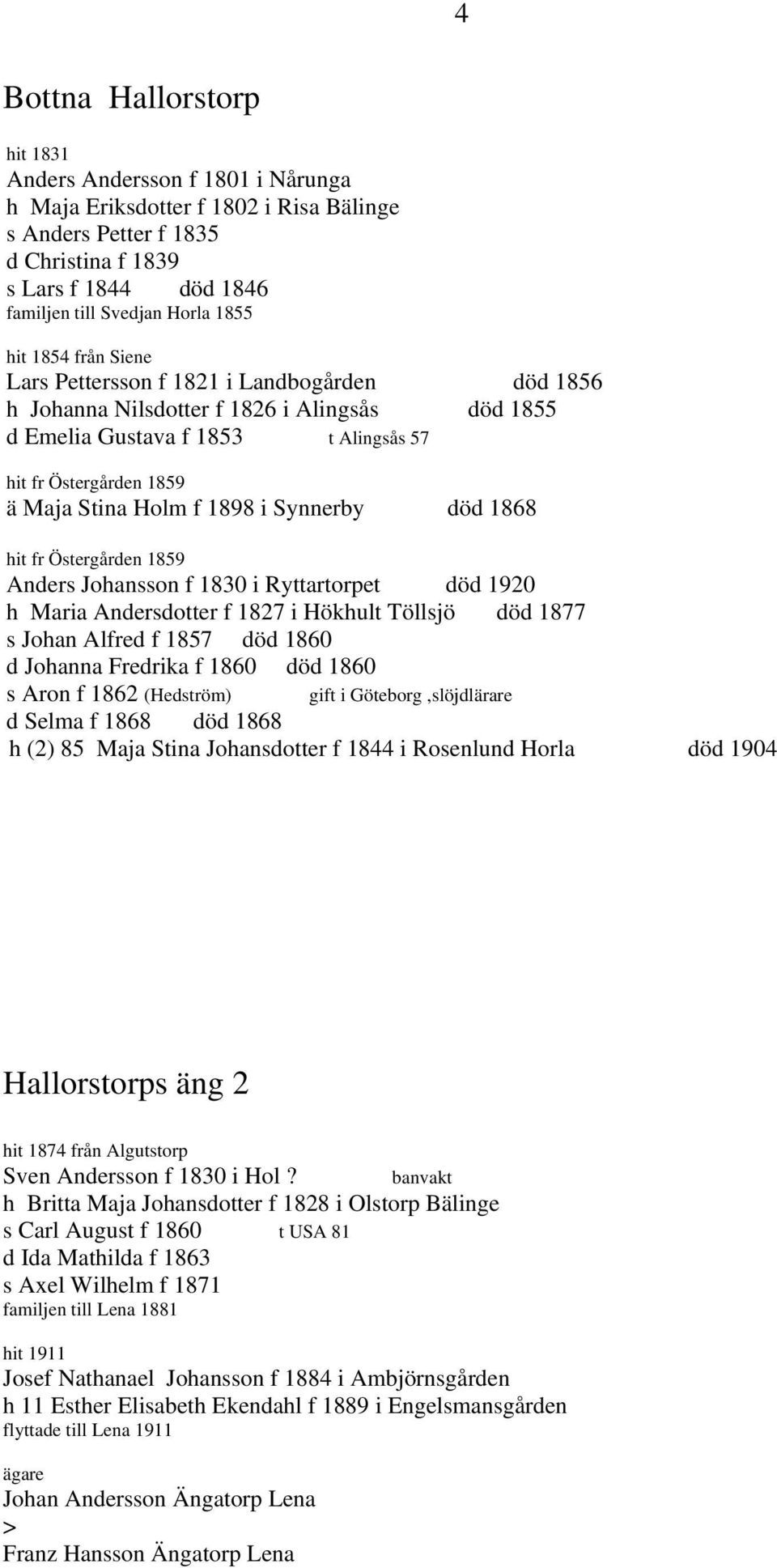 f 1898 i Synnerby död 1868 hit fr Östergården 1859 Anders Johansson f 1830 i Ryttartorpet död 1920 h Maria Andersdotter f 1827 i Hökhult Töllsjö död 1877 s Johan Alfred f 1857 död 1860 d Johanna