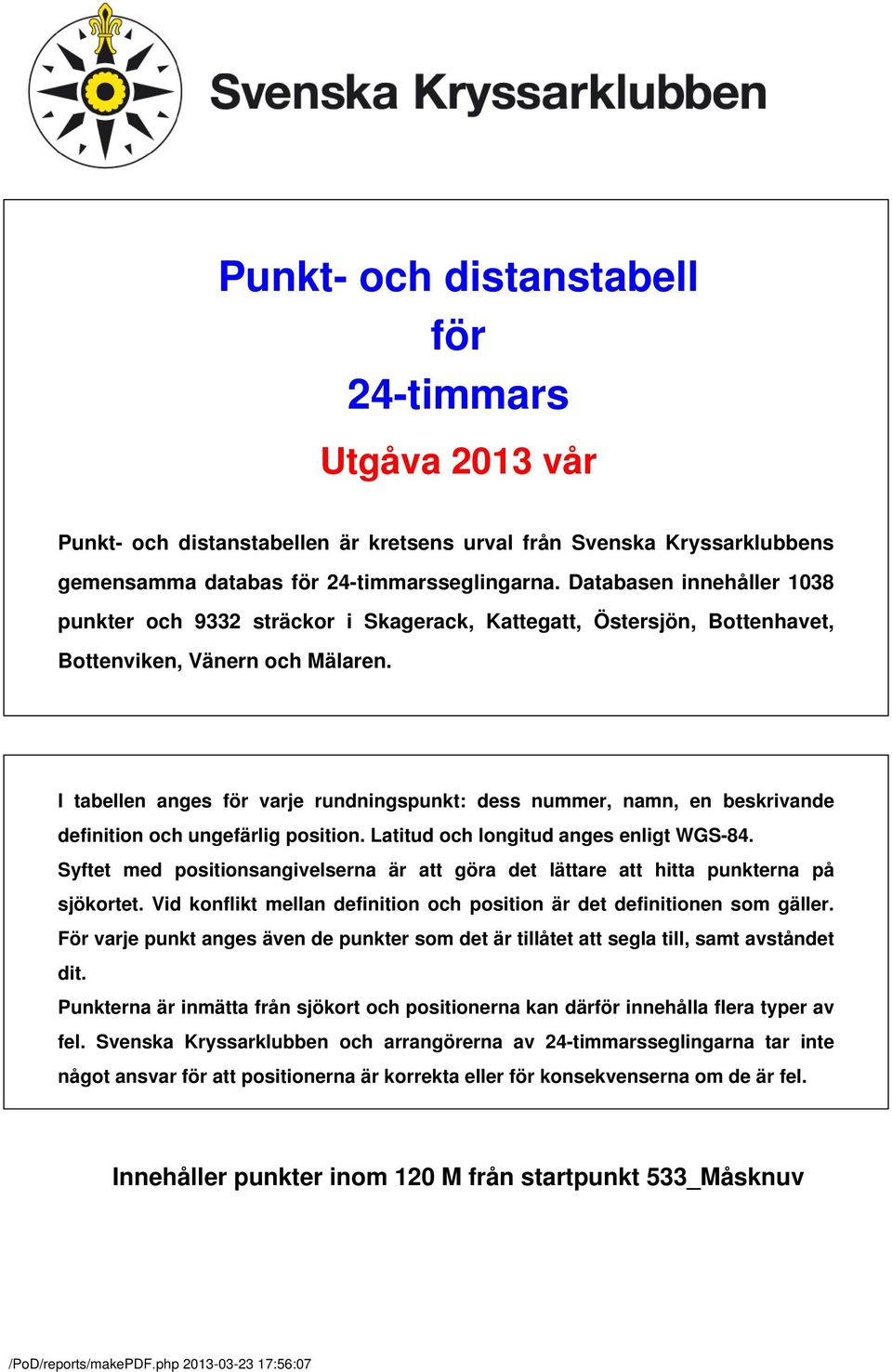 I tabellen anges för varje rundningspunkt: dess nummer, namn, en beskrivande definition och ungefärlig position. Latitud och longitud anges enligt WGS-84.