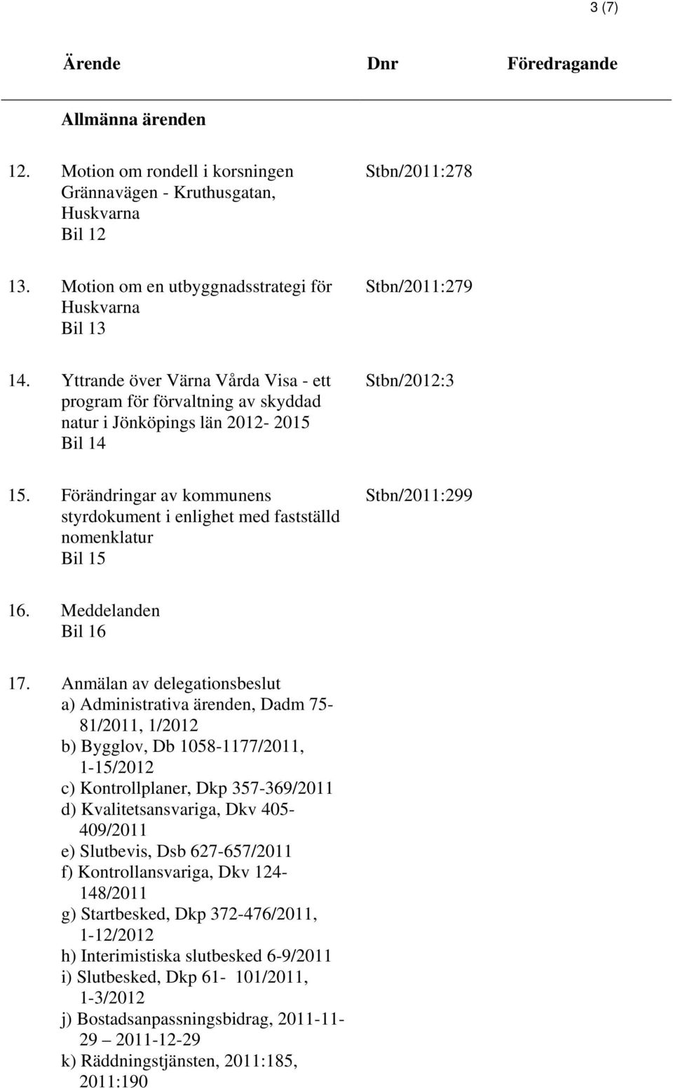 Förändringar av kommunens styrdokument i enlighet med fastställd nomenklatur Bil 15 Stbn/2011:299 16. Meddelanden Bil 16 17.