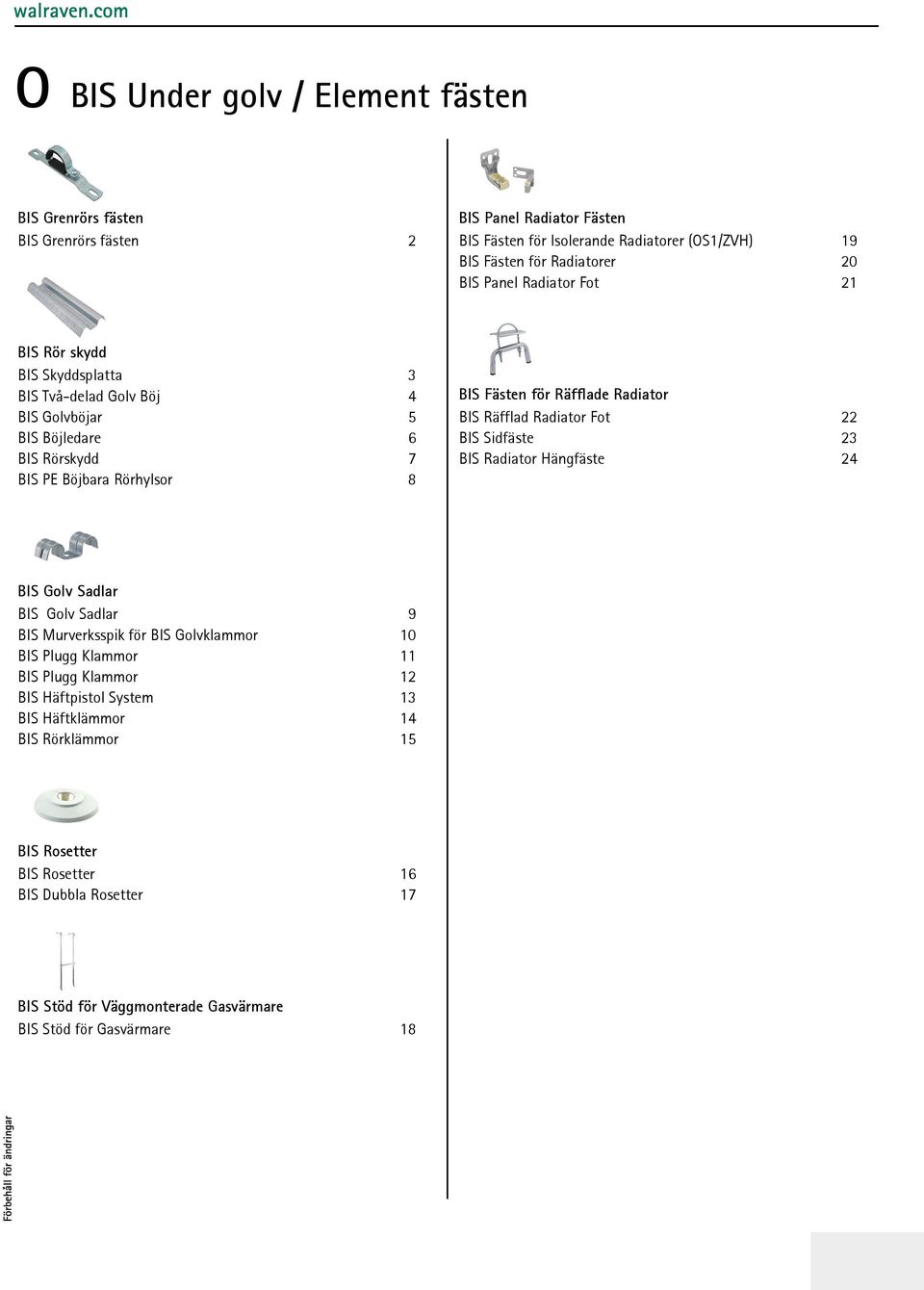 Rörklämmor 9 10 11 12 13 14 15 BIS Rosetter BIS Rosetter BIS Dubbla Rosetter 16 17 BIS Stöd för Väggmonterade Gasvärmare BIS Stöd för Gasvärmare 18 BIS Panel Radiator Fästen BIS