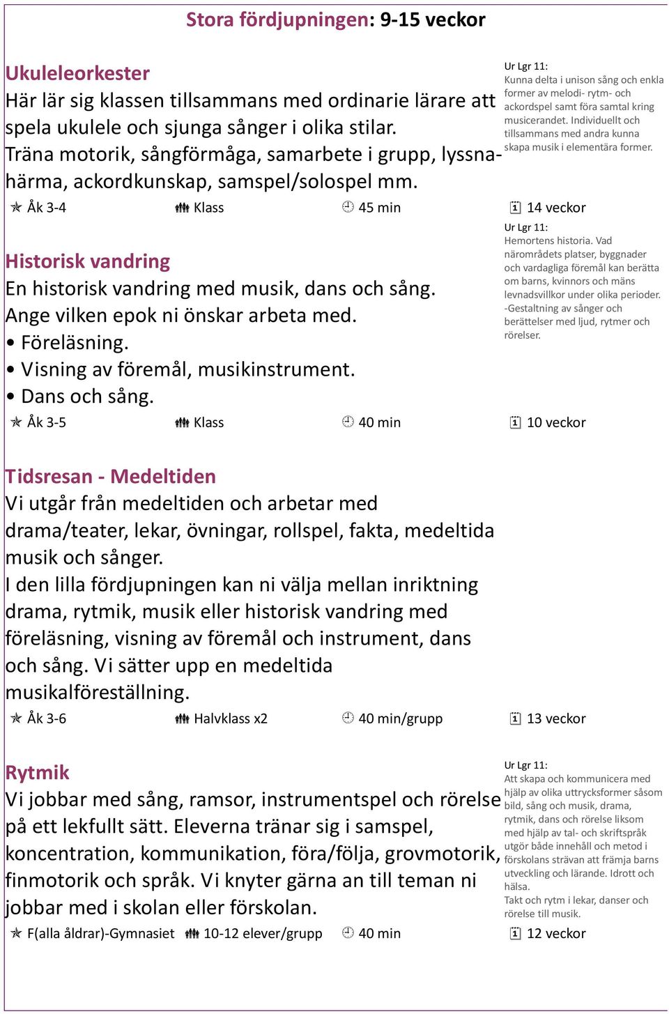 Ur Lgr 11: Kunna delta i unison sång och enkla former av melodi- rytm- och ackordspel samt föra samtal kring musicerandet. Individuellt och tillsammans med andra kunna skapa musik i elementära former.