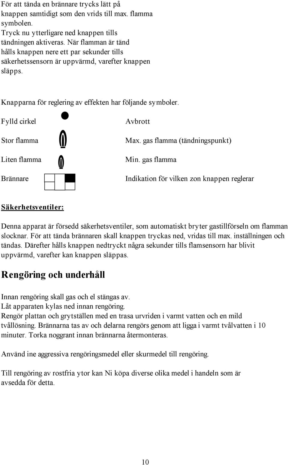 Fylld cirkel Stor flaa Liten flaa Brännare Avbrott Max. gas flaa (tändningspunkt) Min.