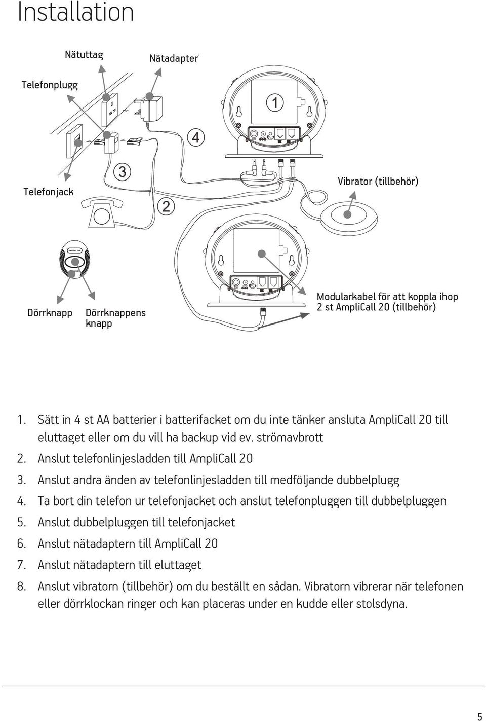 Insert the 4 battery type AA in the compartment (not included). 2 - Connect the UK line cord between the unit and the wall socket. 3 - Connect the UK line cord between the Call 20 and the 1.