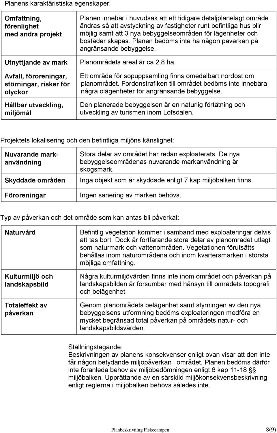 Planen bedöms inte ha någon påverkan på angränsande bebyggelse. Planområdets areal är ca 2,8 ha. Ett område för sopuppsamling finns omedelbart nordost om planområdet.