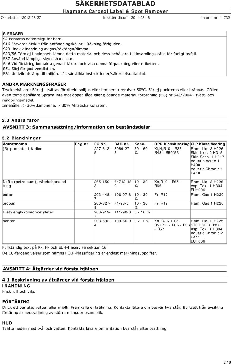 S46 Vid förtäring kontakta genast läkare och visa denna förpackning eller etiketten. S51 Sörj för god ventilation. S61 Undvik utsläpp till miljön. Läs särskilda instruktioner/säkerhetsdatablad.