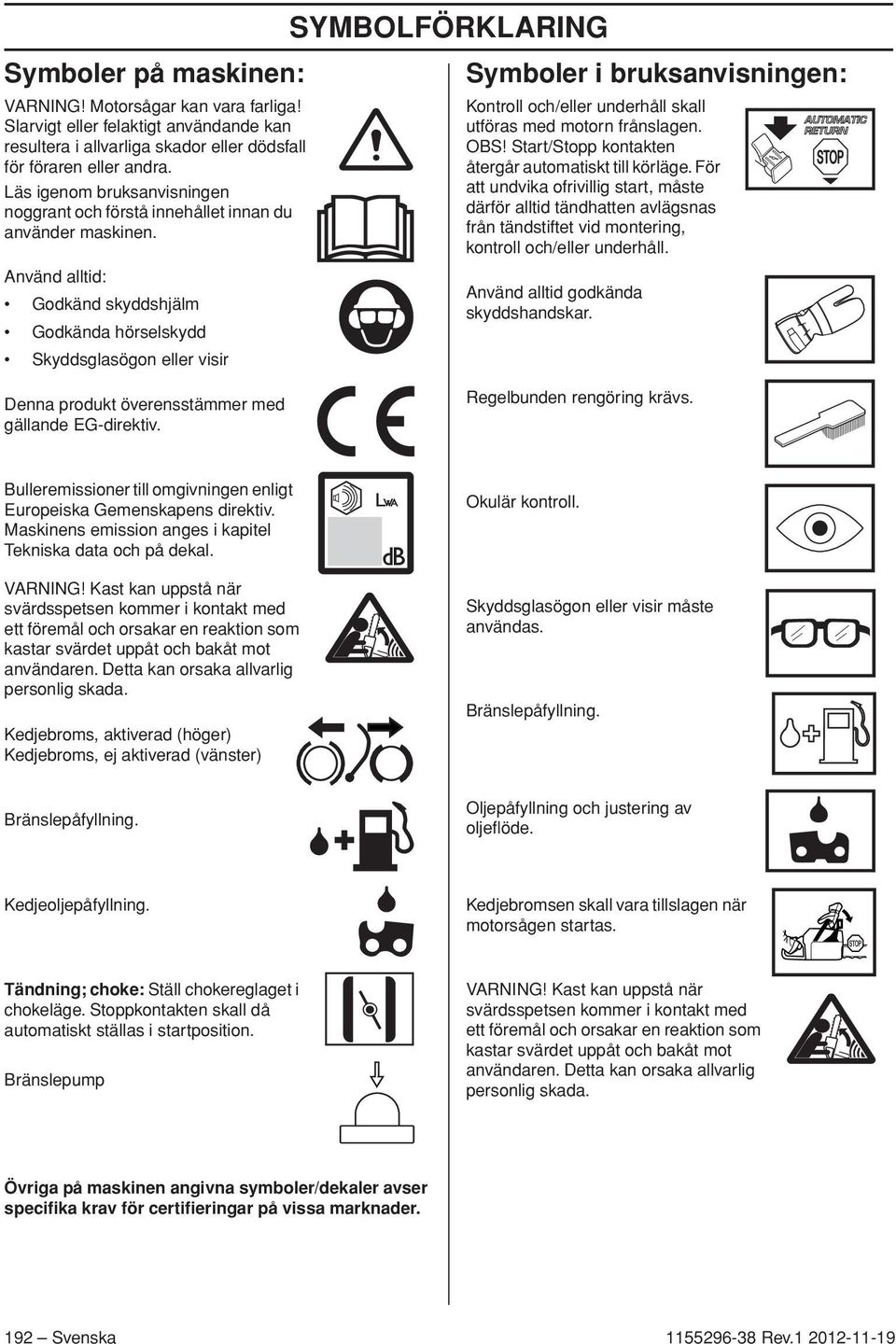 Använd alltid: Godkänd skyddshjälm Godkända hörselskydd Skyddsglasögon eller visir Kontroll och/eller underhåll skall utföras med motorn frånslagen.