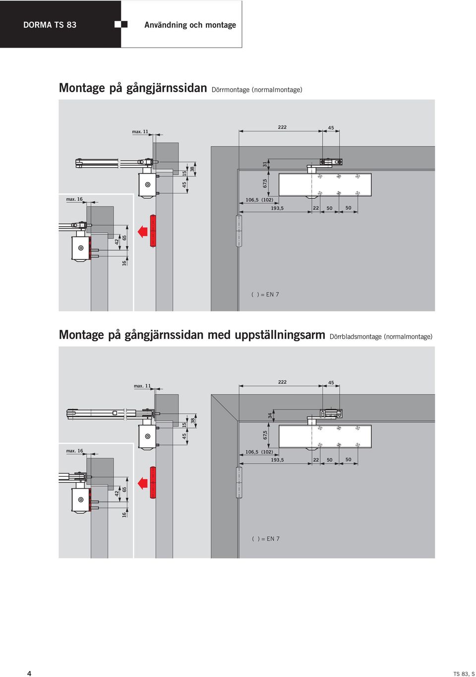 16 106,5 (102) 193,5 22 50 50 42 16 65 Montage på gångjärnssidan med