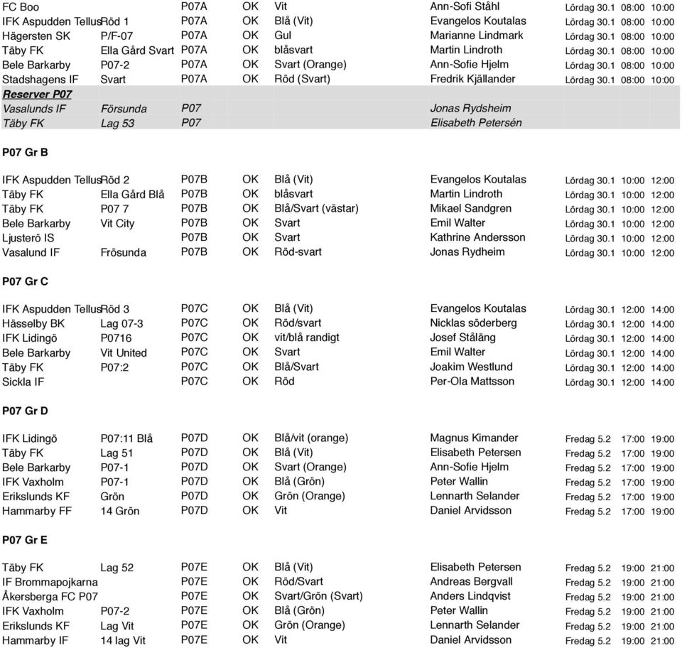 1 08:00 10:00 Bele Barkarby P07-2 P07A OK Svart (Orange) Ann-Sofie Hjelm Lördag 30.1 08:00 10:00 Stadshagens IF Svart P07A OK Röd (Svart) Fredrik Kjällander Lördag 30.