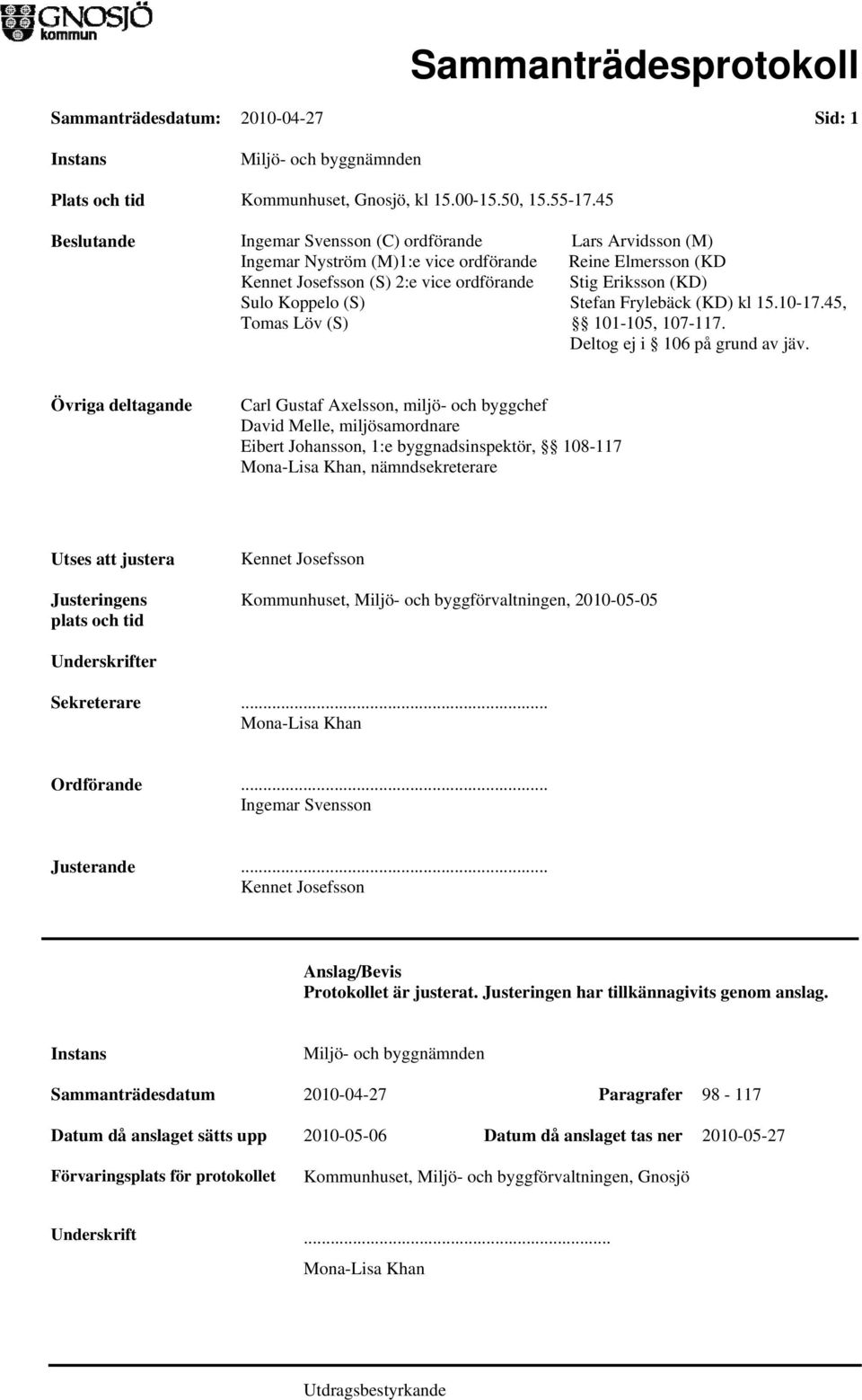 (S) Stefan Frylebäck (KD) kl 15.10-17.45, Tomas Löv (S) 101-105, 107-117. Deltog ej i 106 på grund av jäv.
