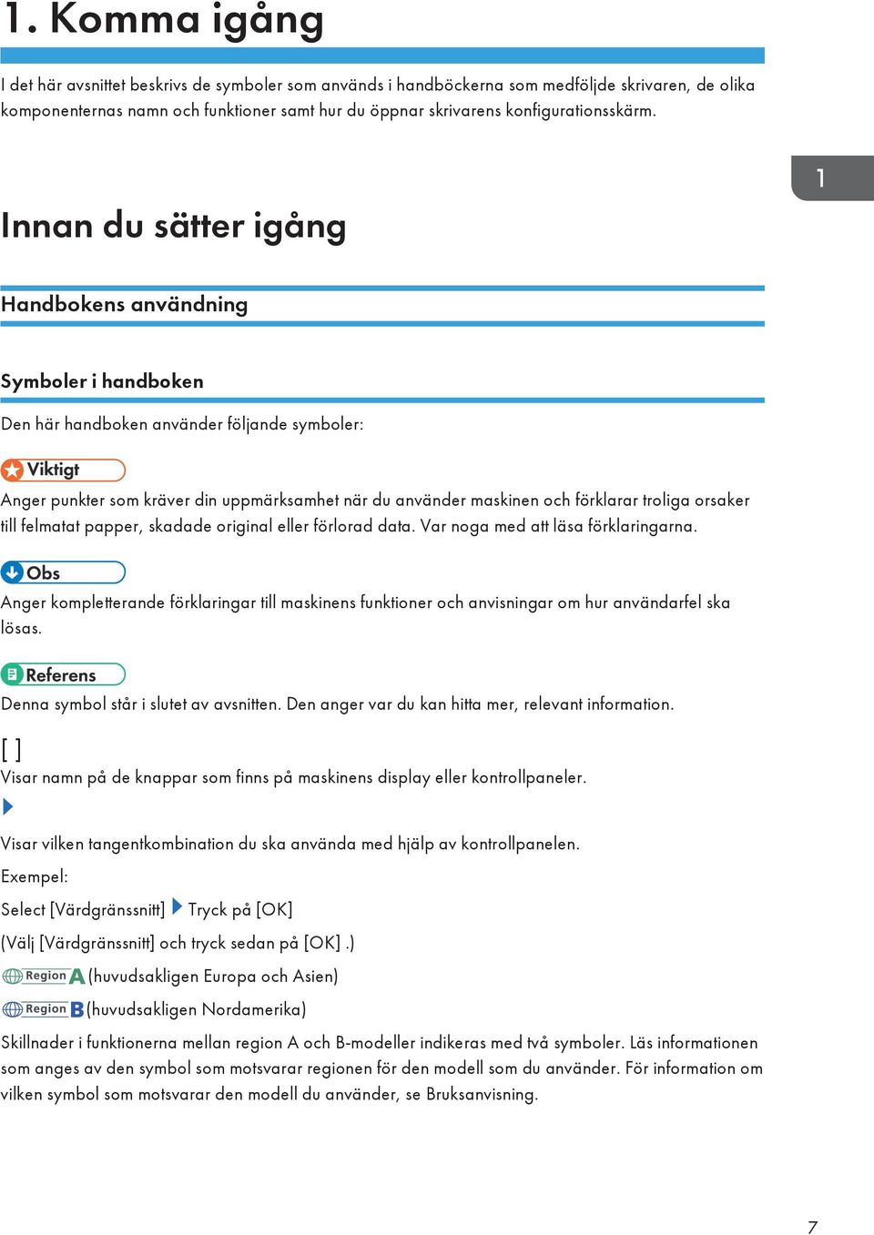 Innan du sätter igång Handbokens användning Symboler i handboken Den här handboken använder följande symboler: Anger punkter som kräver din uppmärksamhet när du använder maskinen och förklarar